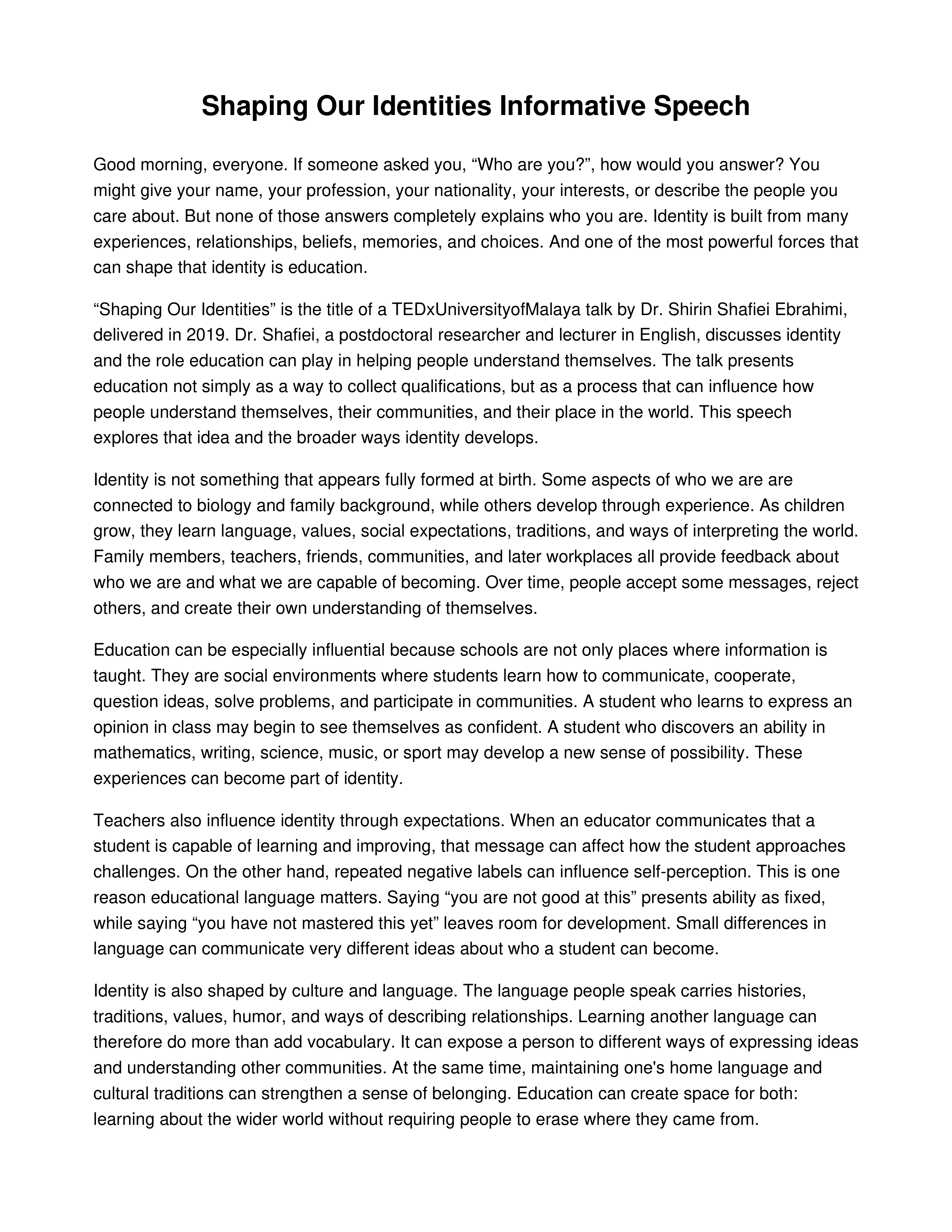 Shaping Our Identities Informative Speech — page 1
