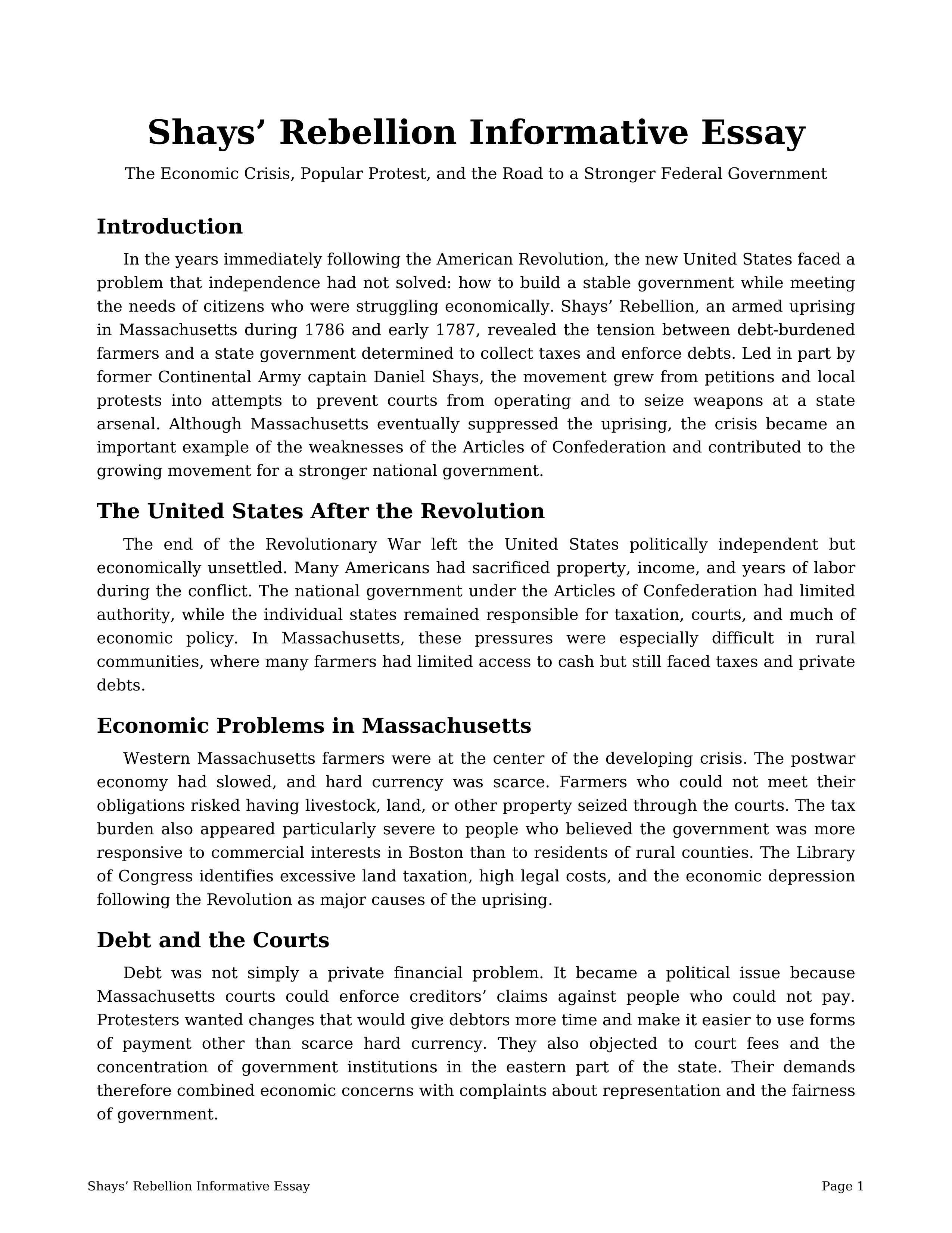 Shays’ Rebellion Informative Essay — page 1
