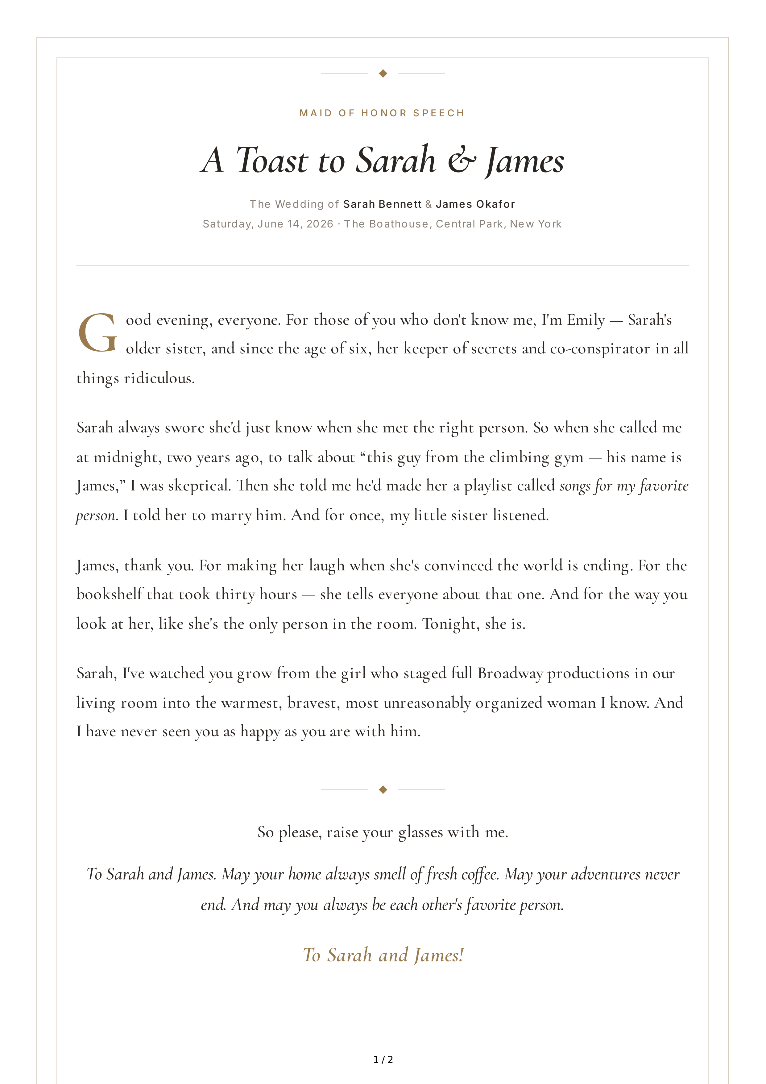 Short Maid of Honor Speech — page 1