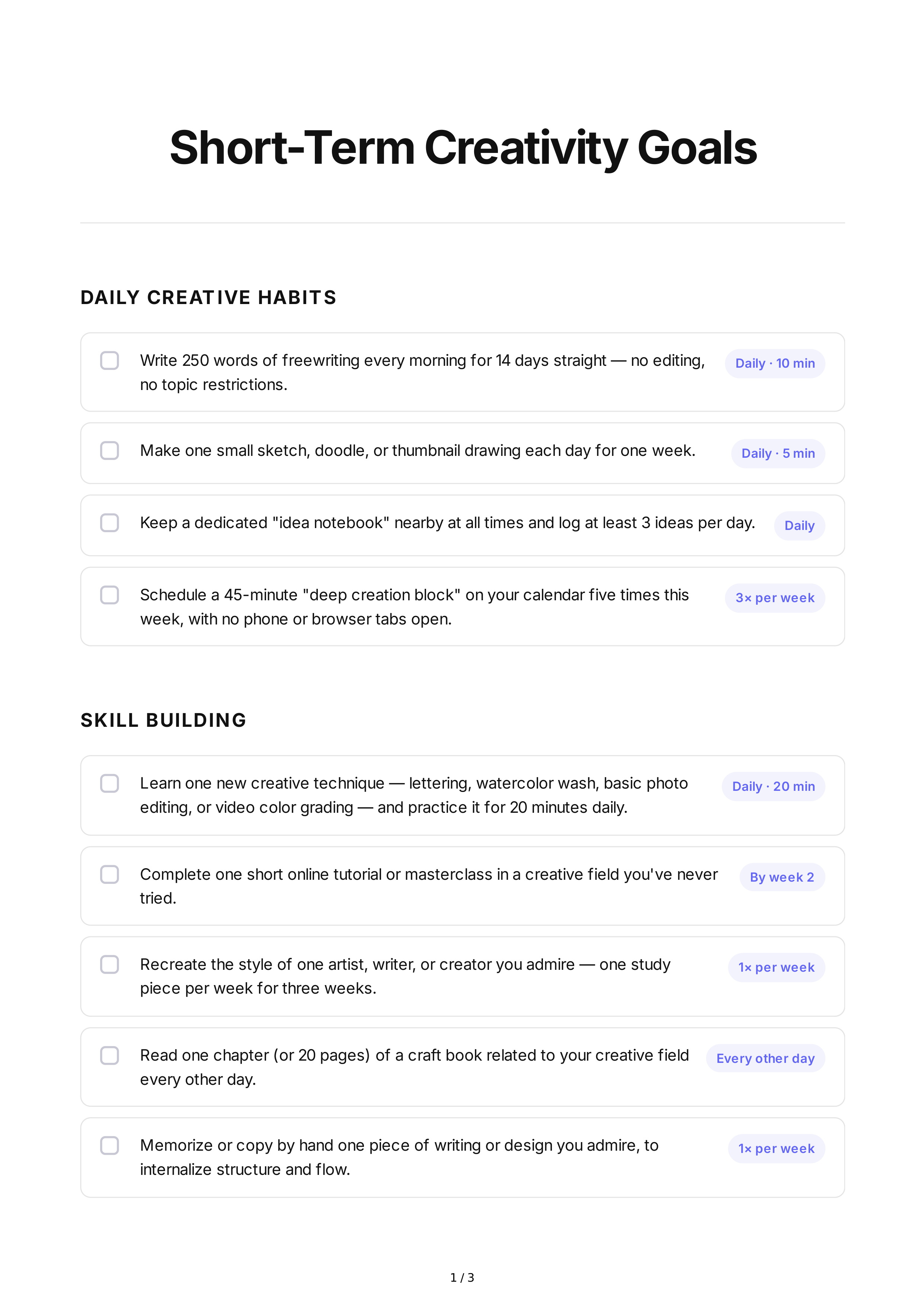 Short-Term Creativity Goals — page 1