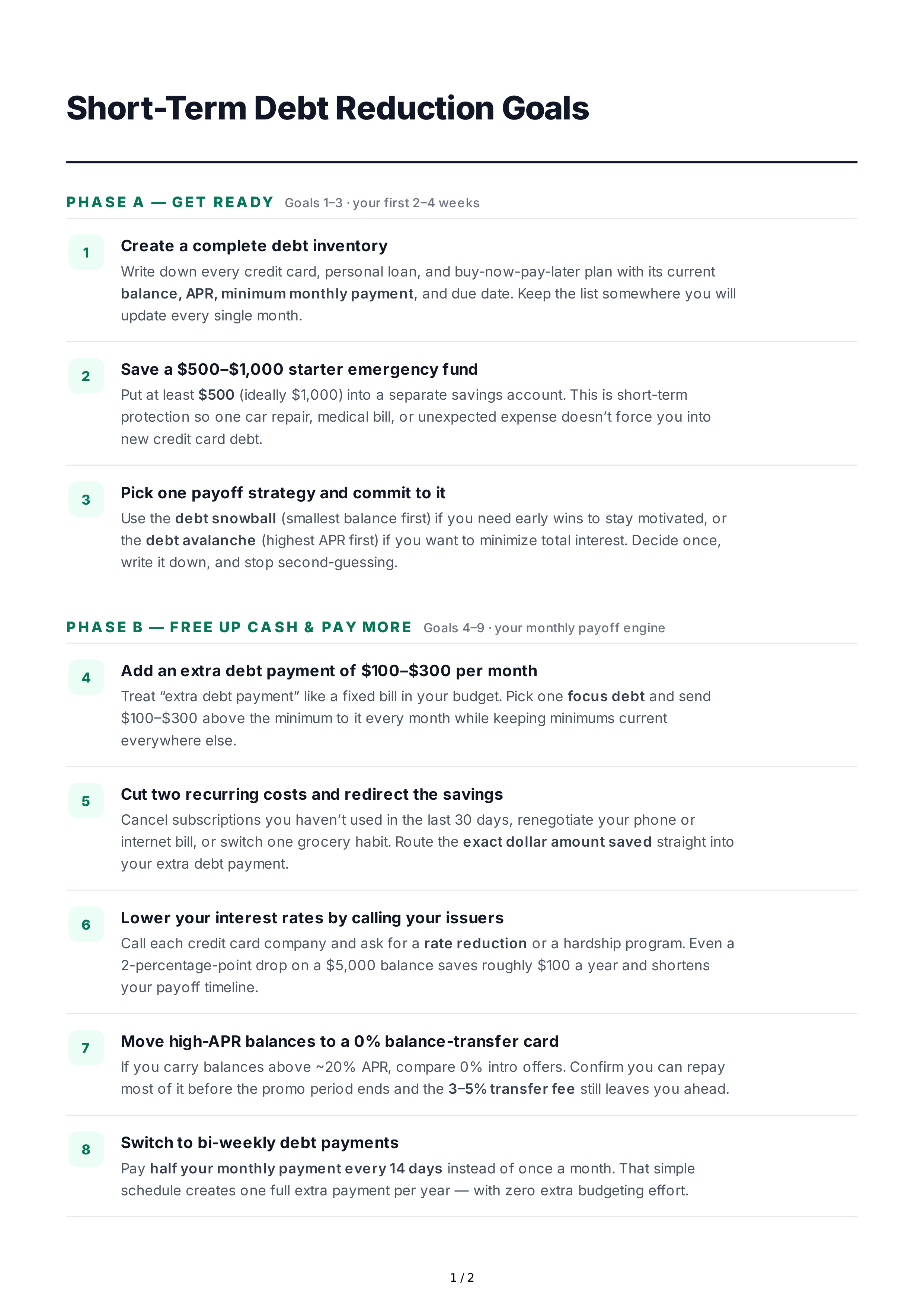 Short-Term Debt Reduction Goals — page 1