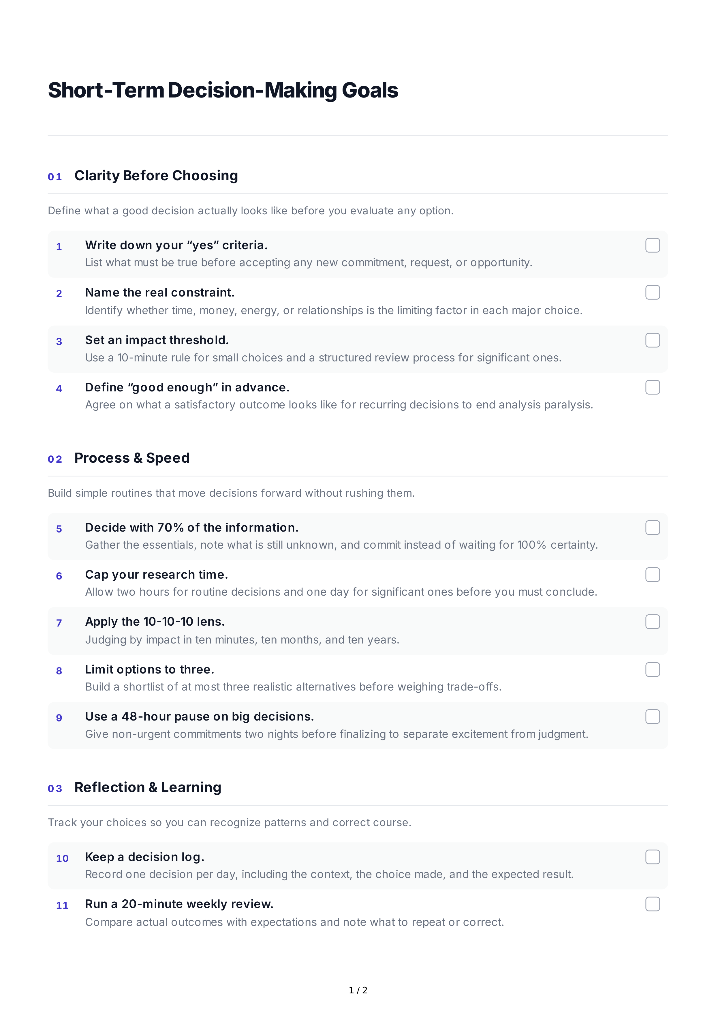 Short-Term Decision-Making Goals — page 1