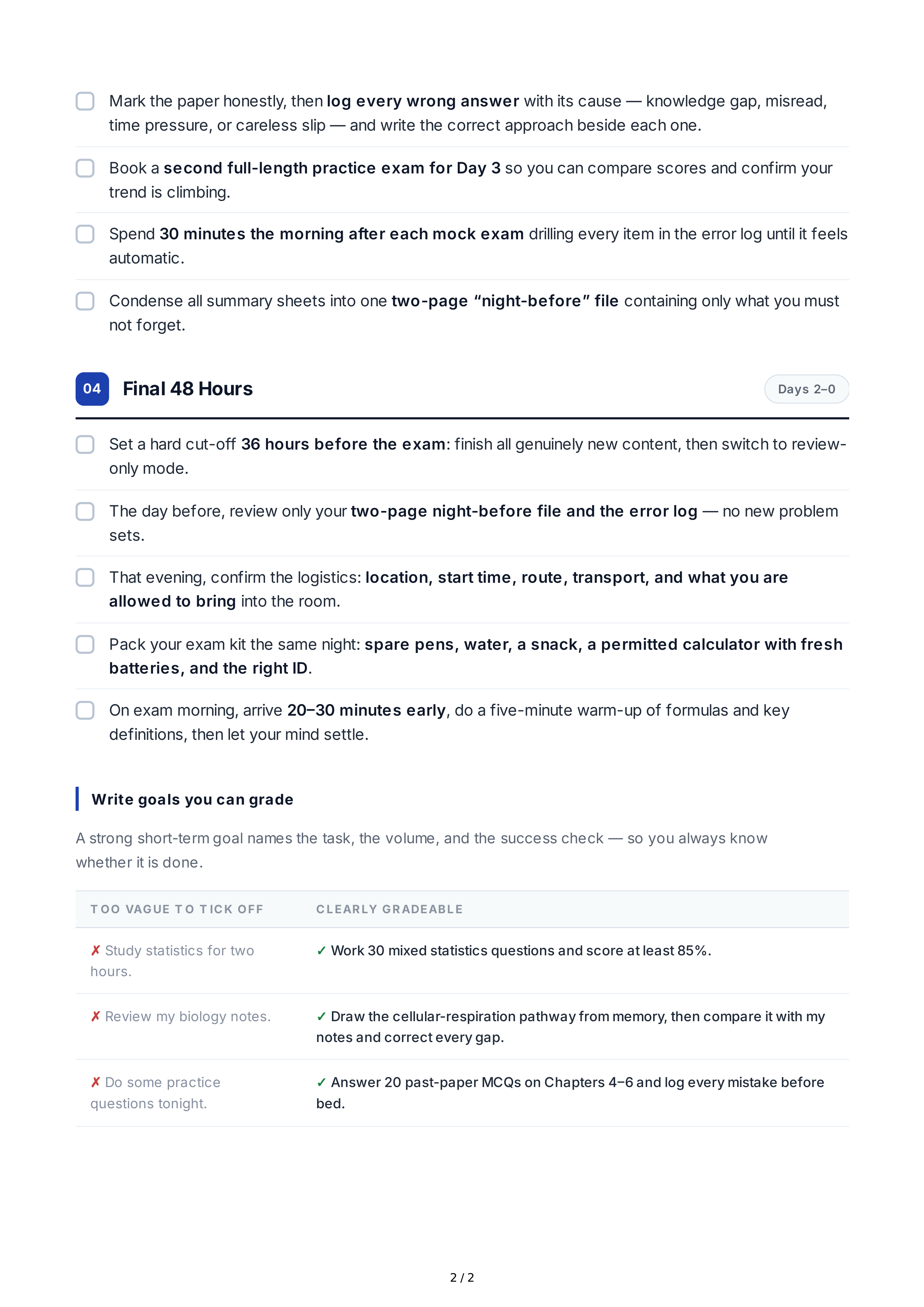 Short-Term Exam Preparation Goals — page 2