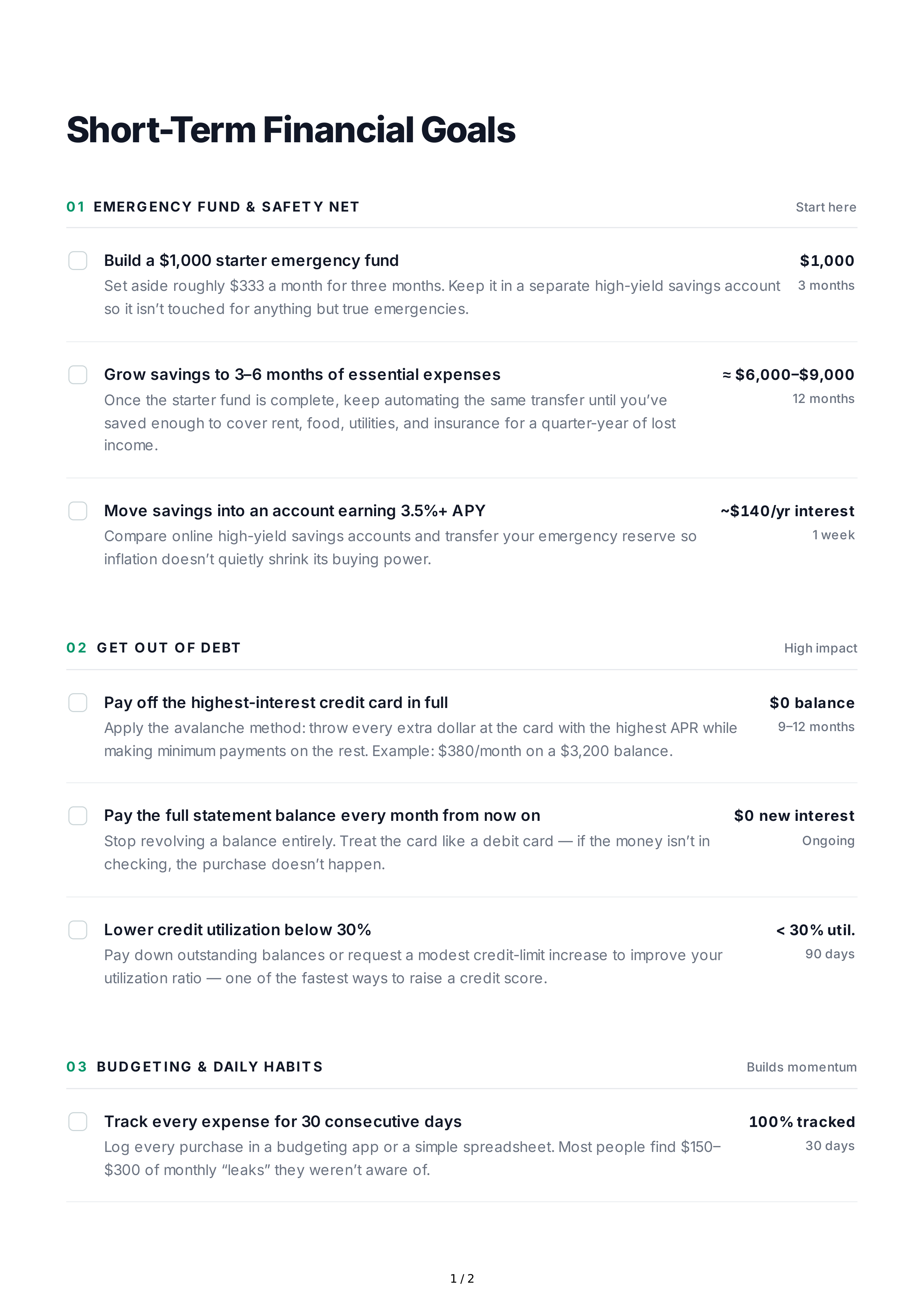 Short-Term Financial Goals — page 1