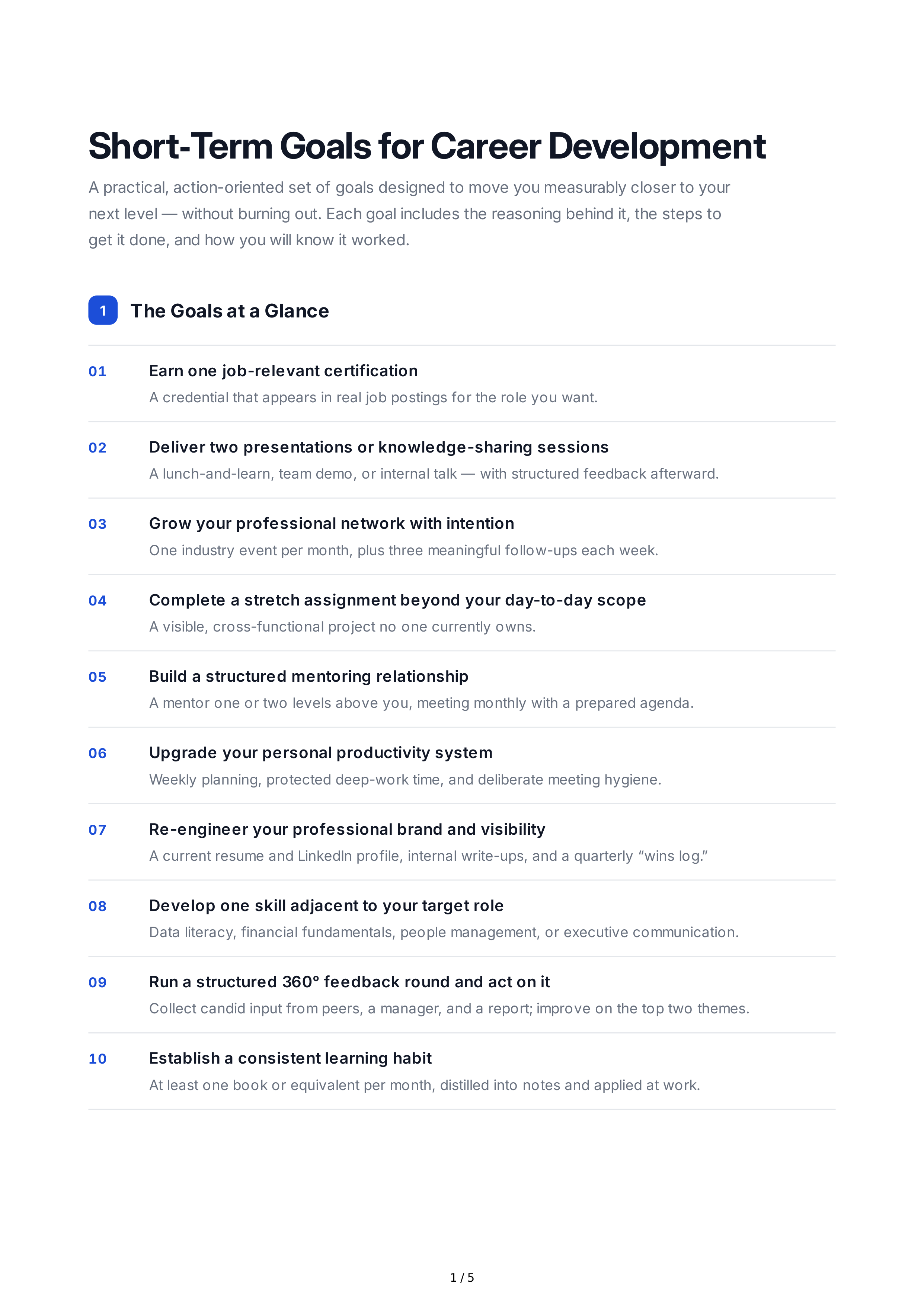 Short-Term Goals for Career Development — page 1