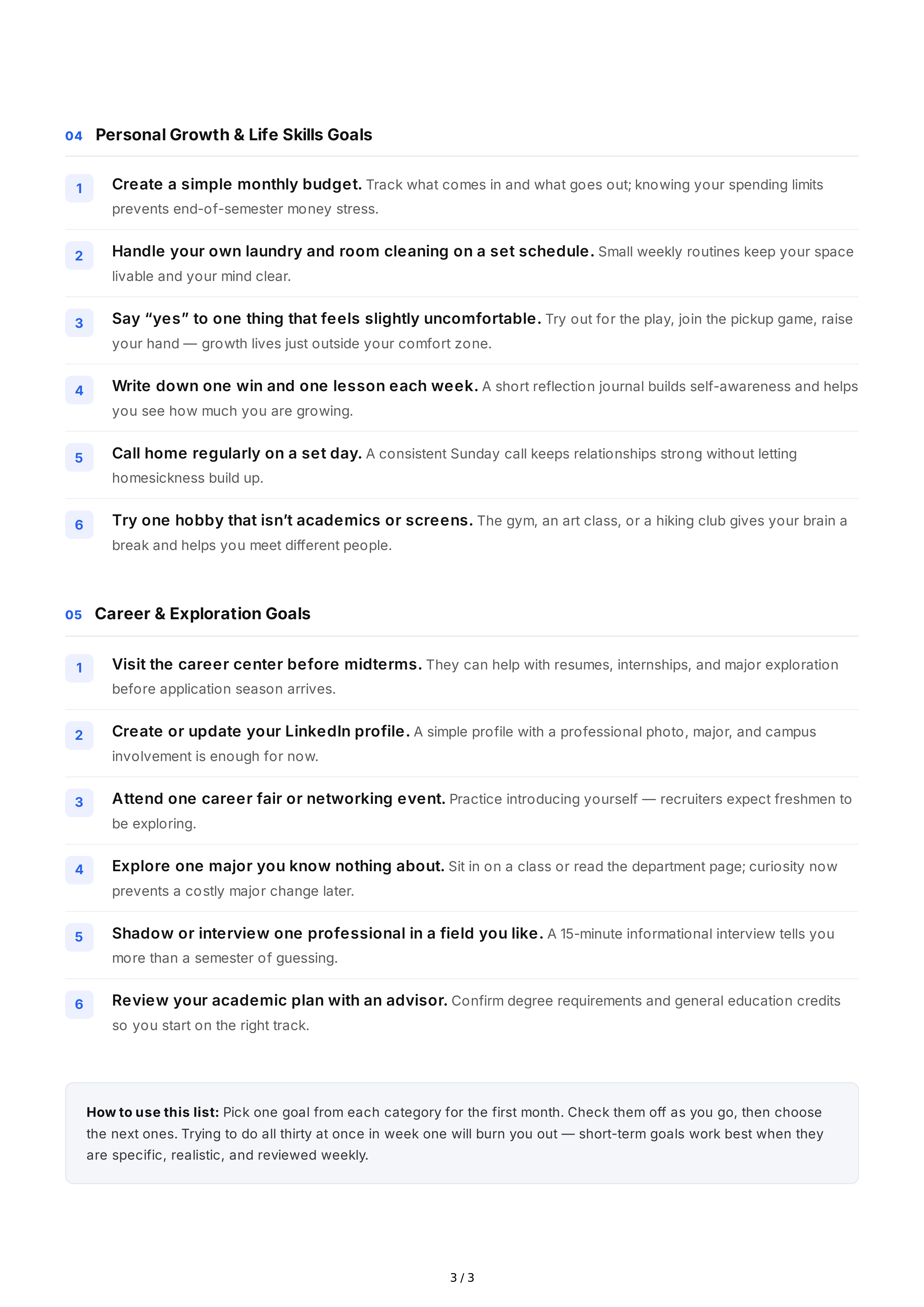 Short-Term Goals for College Freshmen — page 3