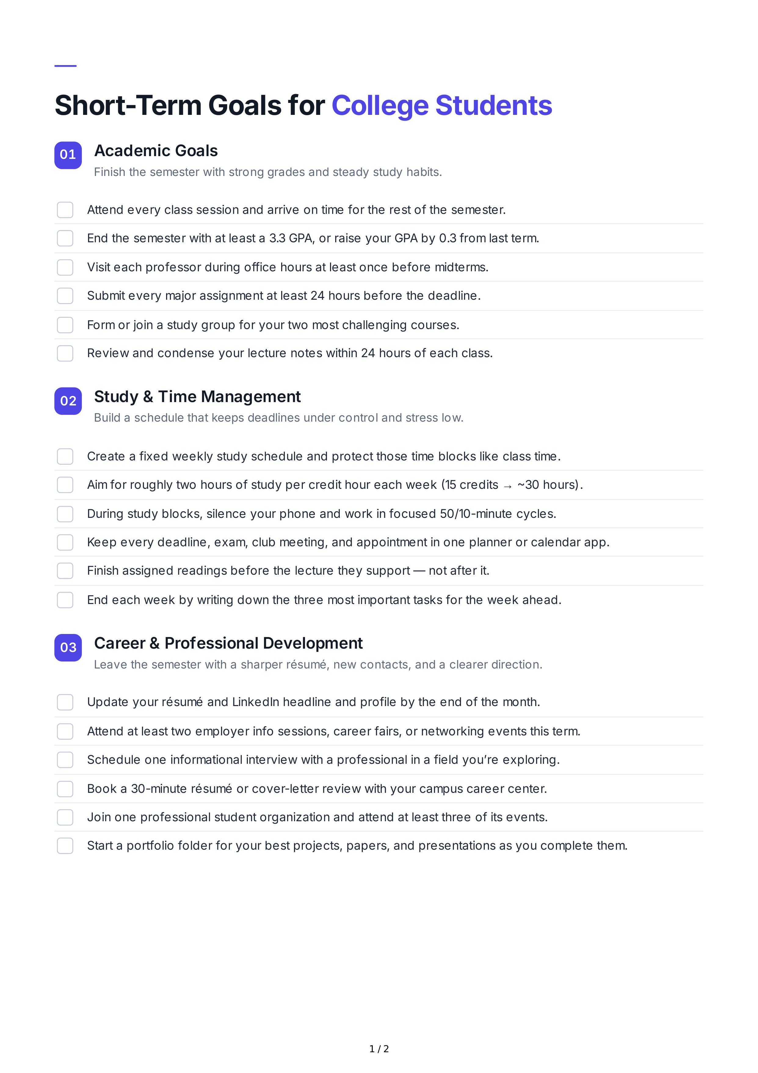 Short-Term Goals for College Students — page 1