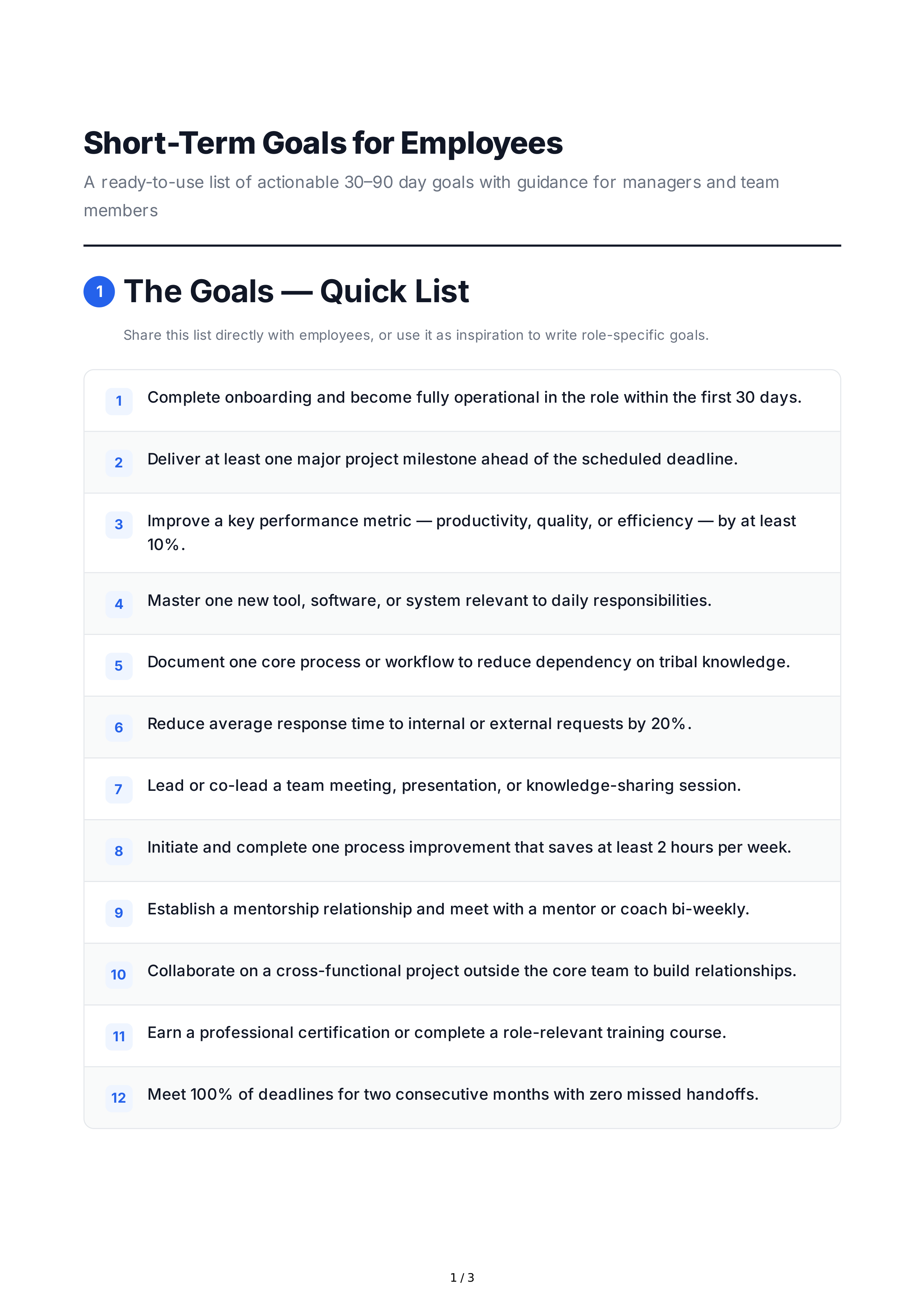 Short-Term Goals for Employees — page 1