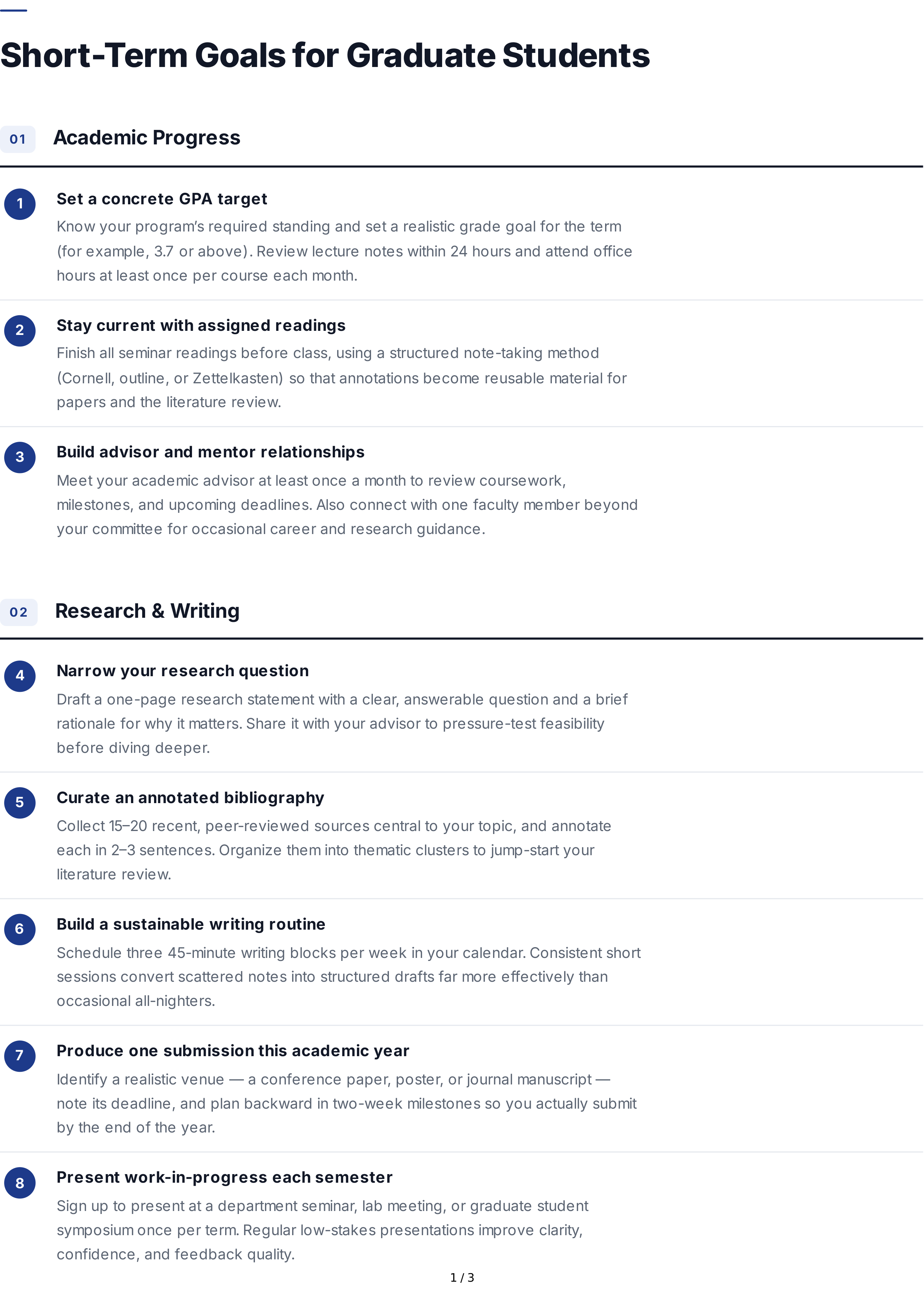 Short-Term Goals for Graduate Students — page 1