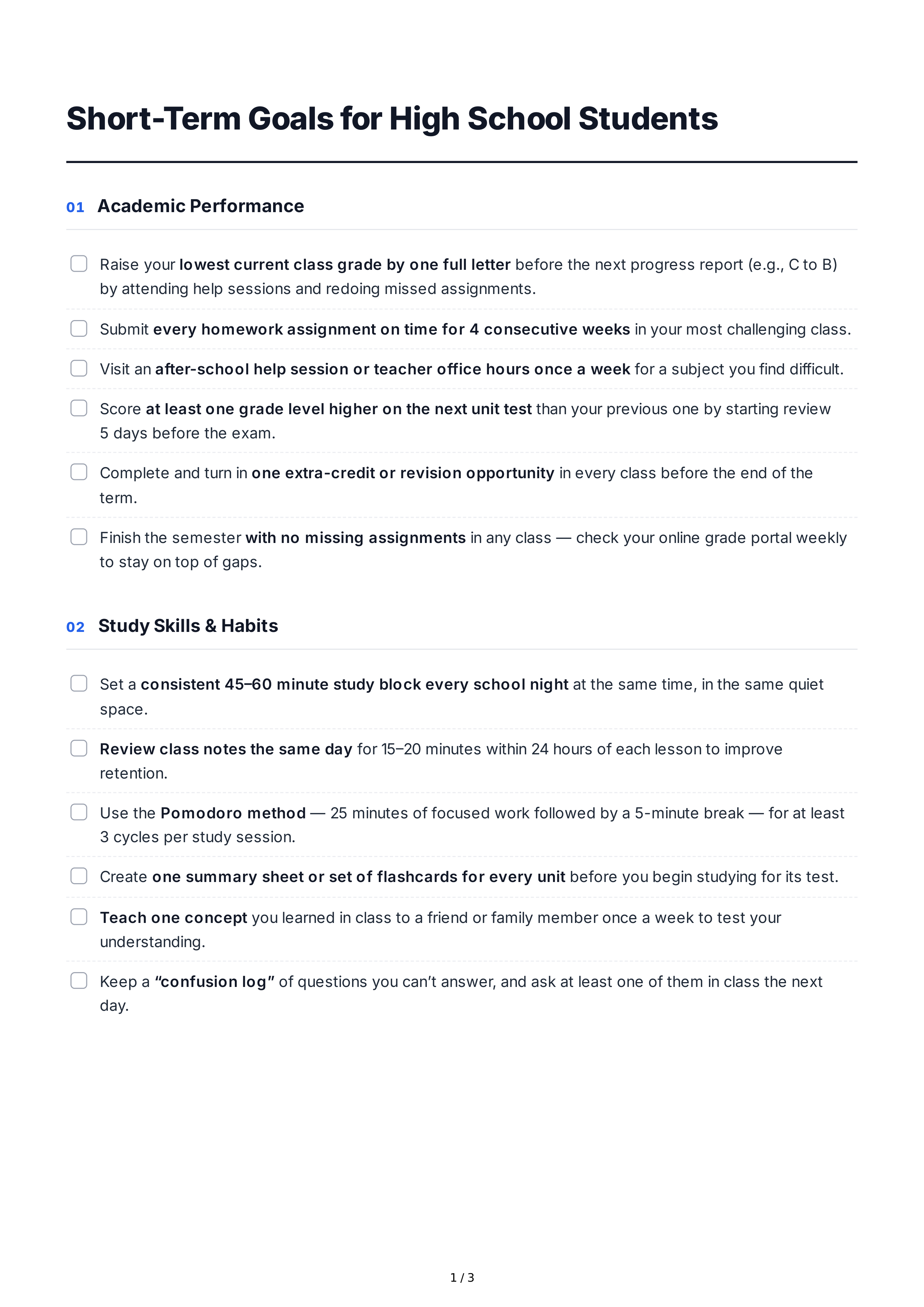 Short-Term Goals for High School Students — page 1