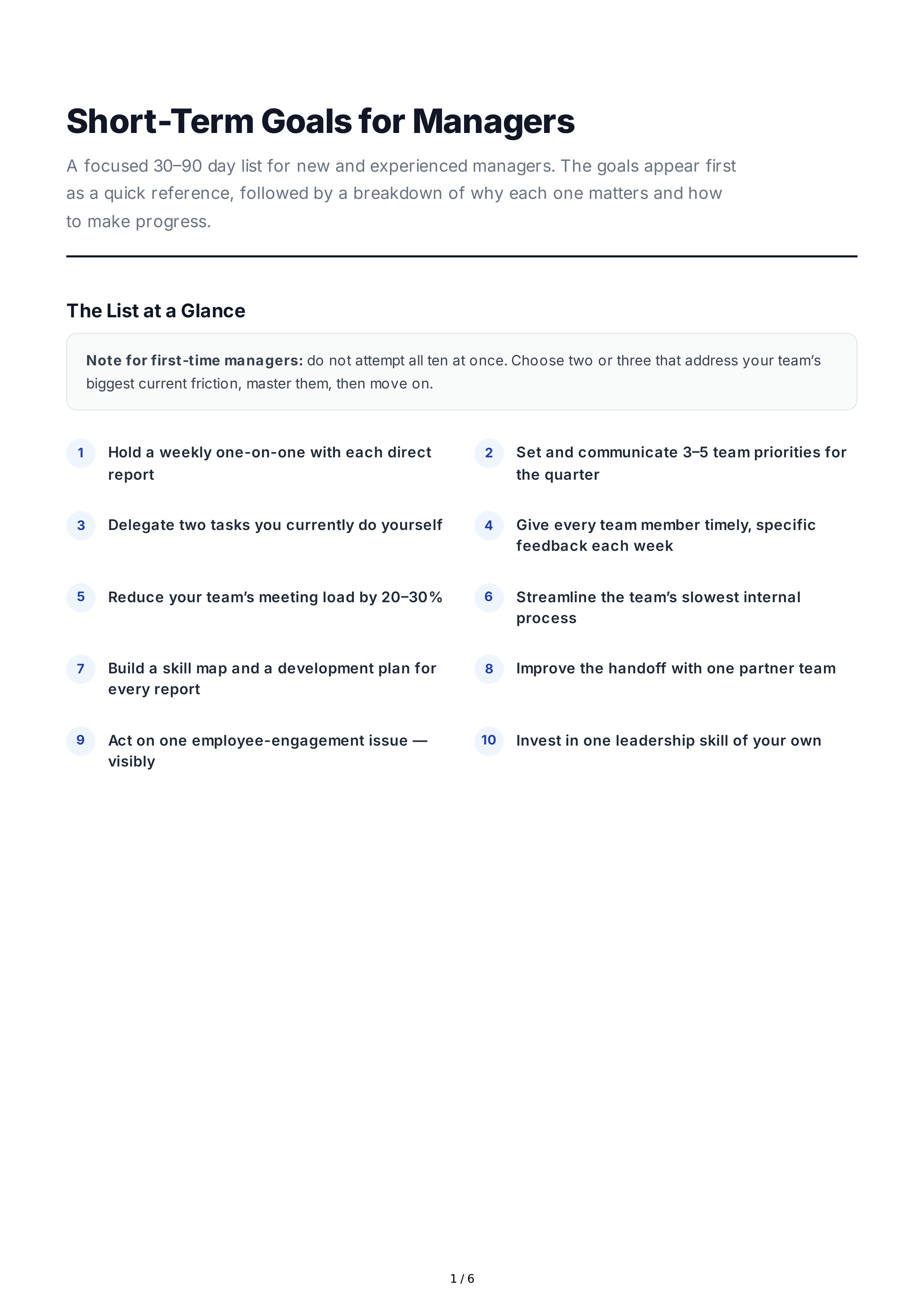 Short-Term Goals for Managers — page 1