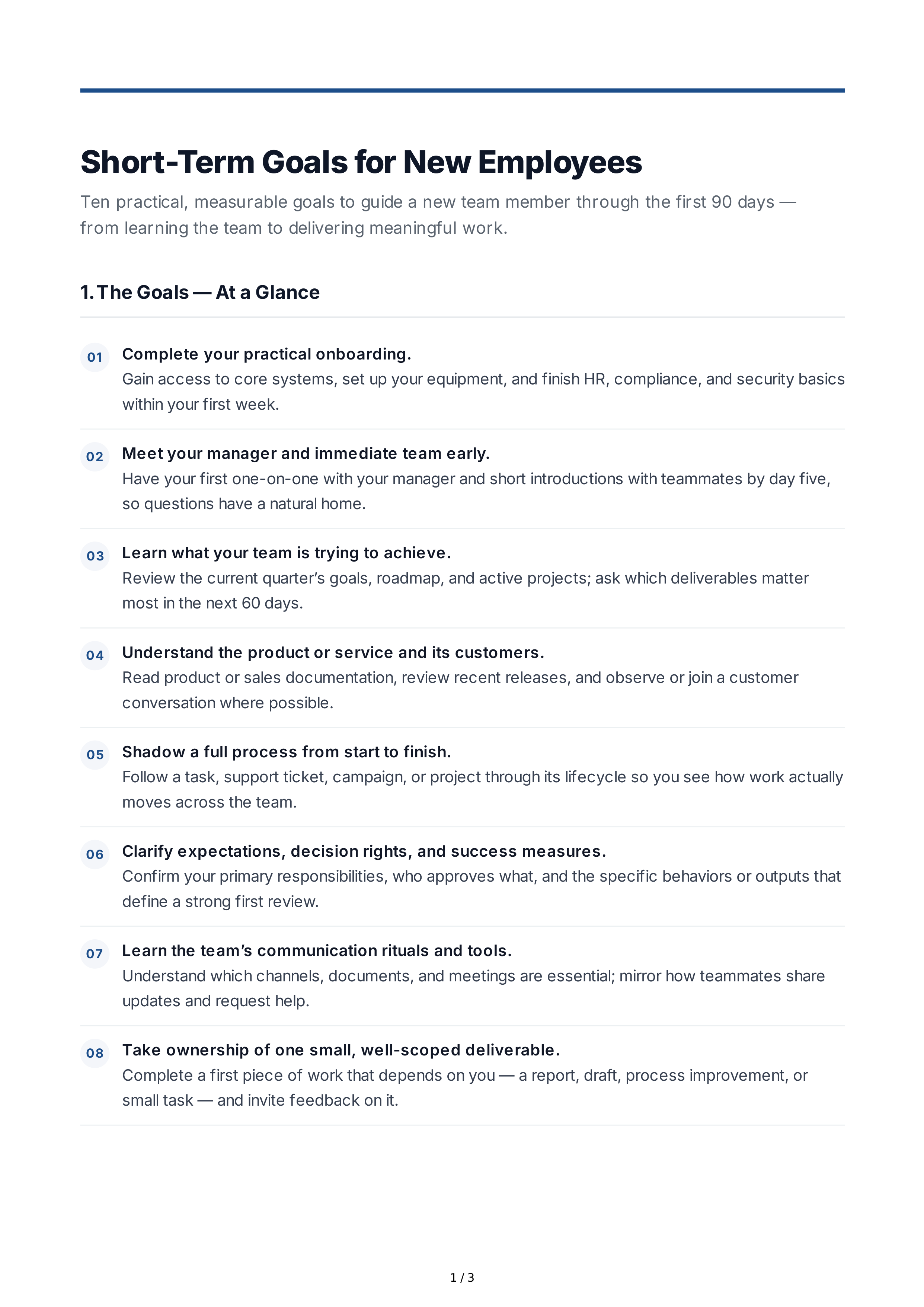 Short-Term Goals for New Employees — page 1