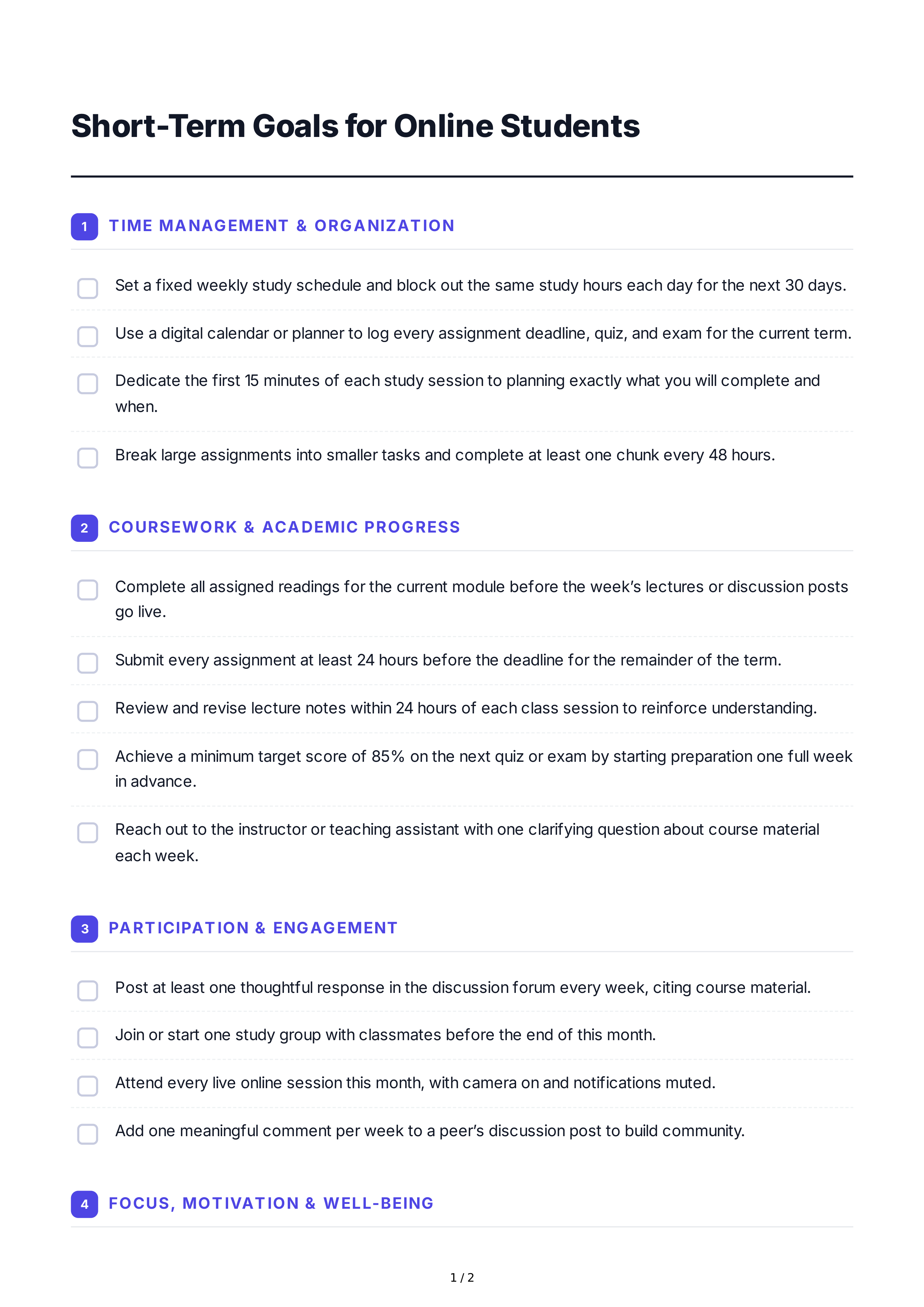 Short-Term Goals for Online Students — page 1