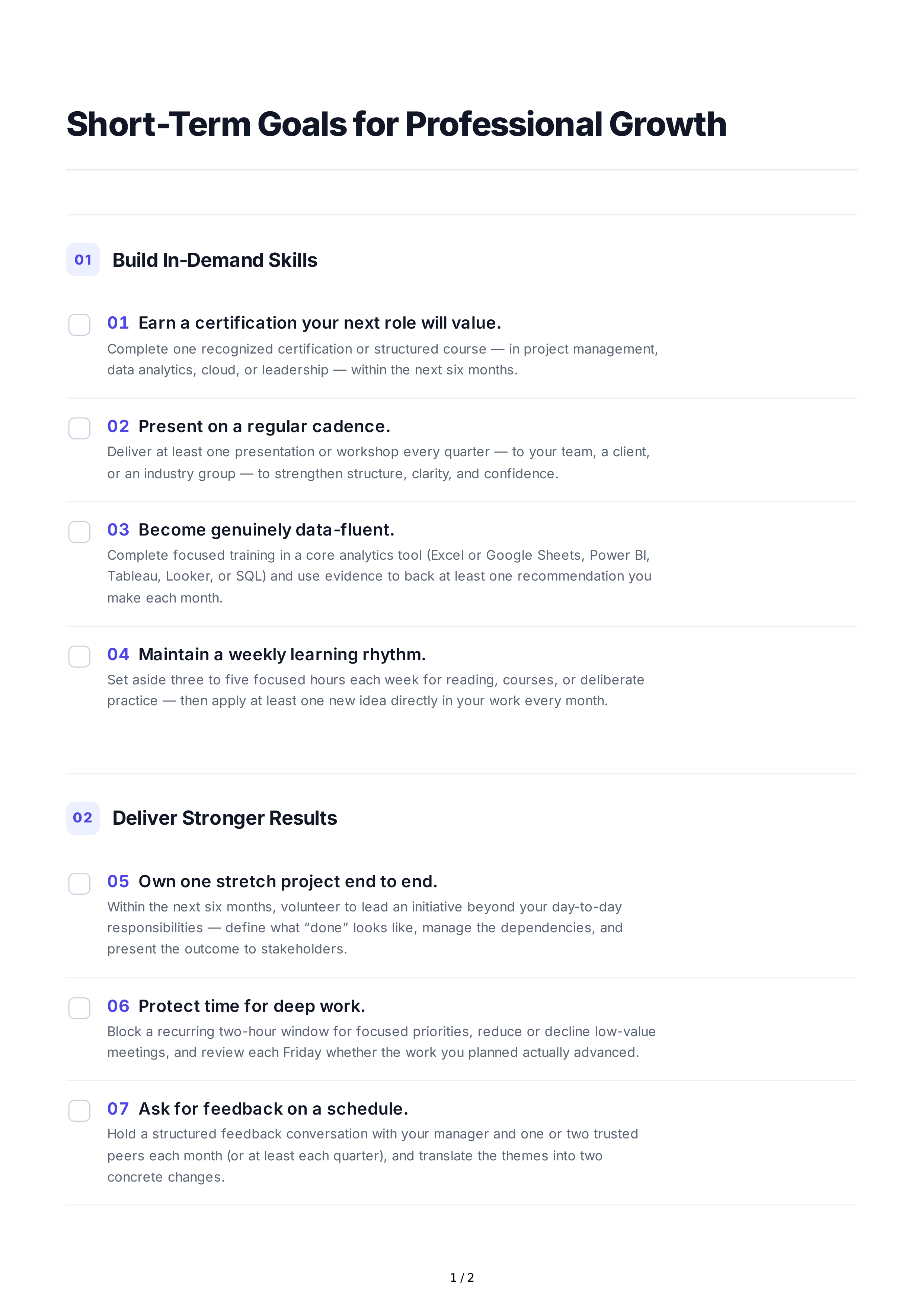 Short-Term Goals for Professional Growth — page 1