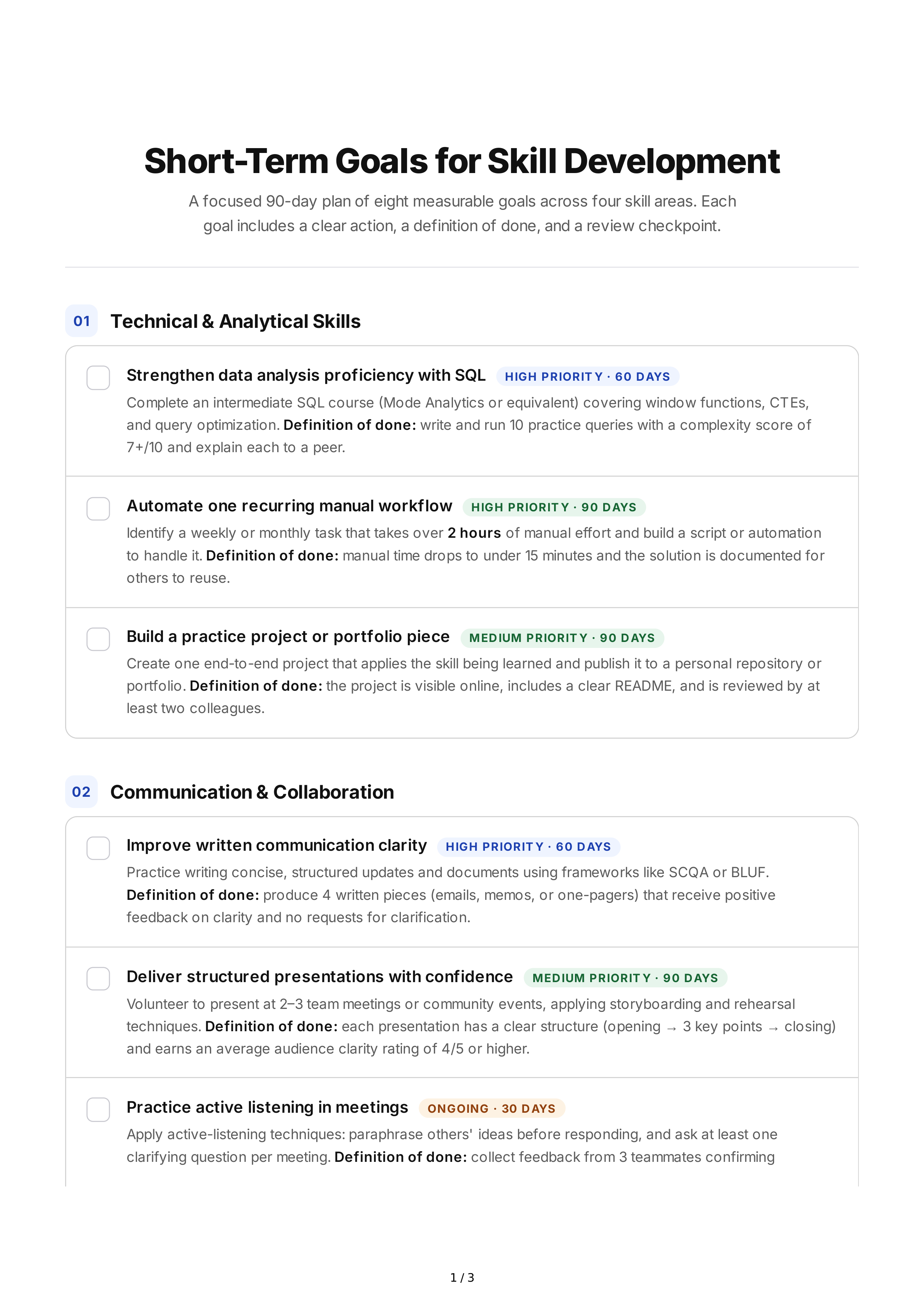 Short-Term Goals for Skill Development — page 1