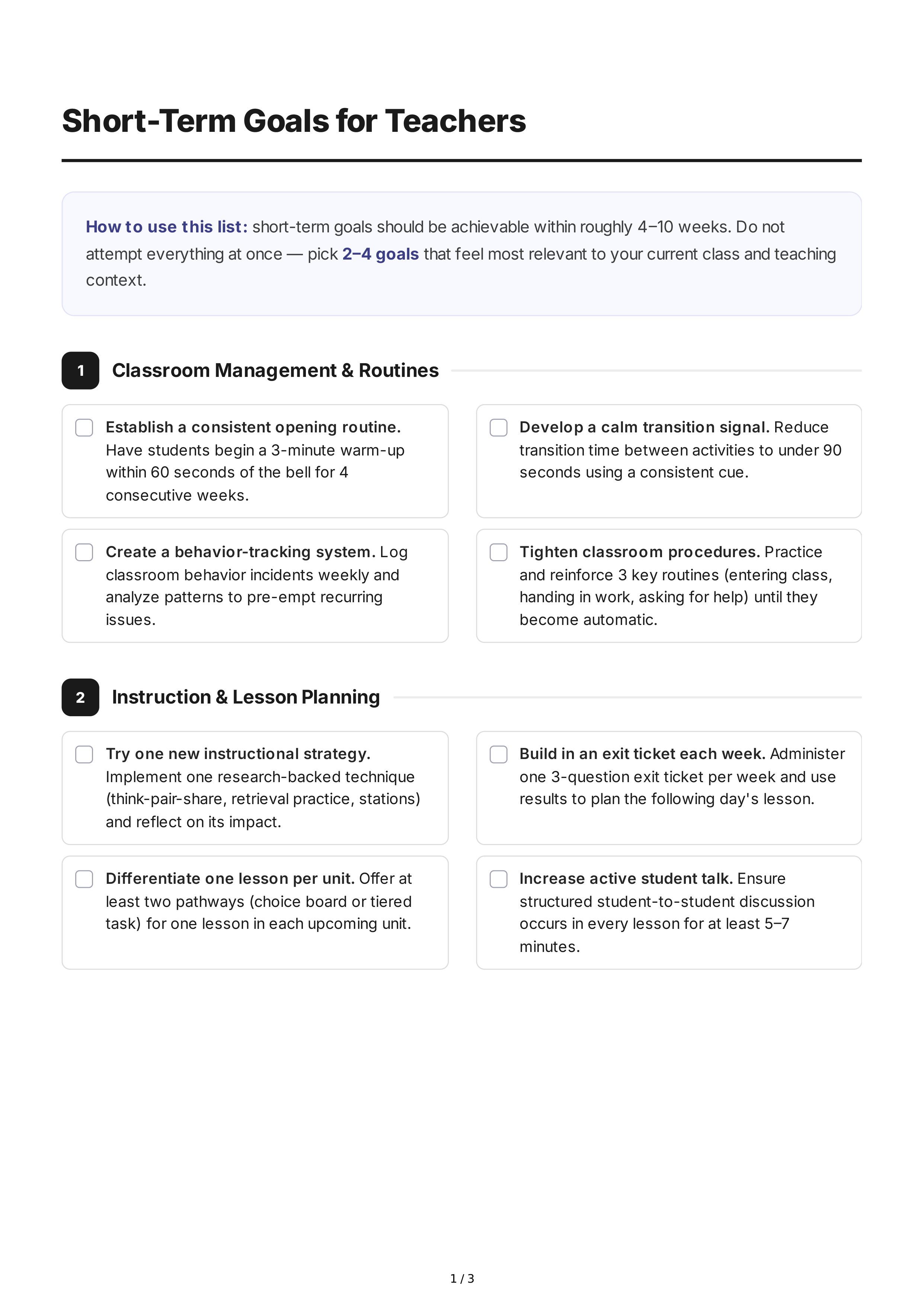 Short-Term Goals for Teachers — page 1