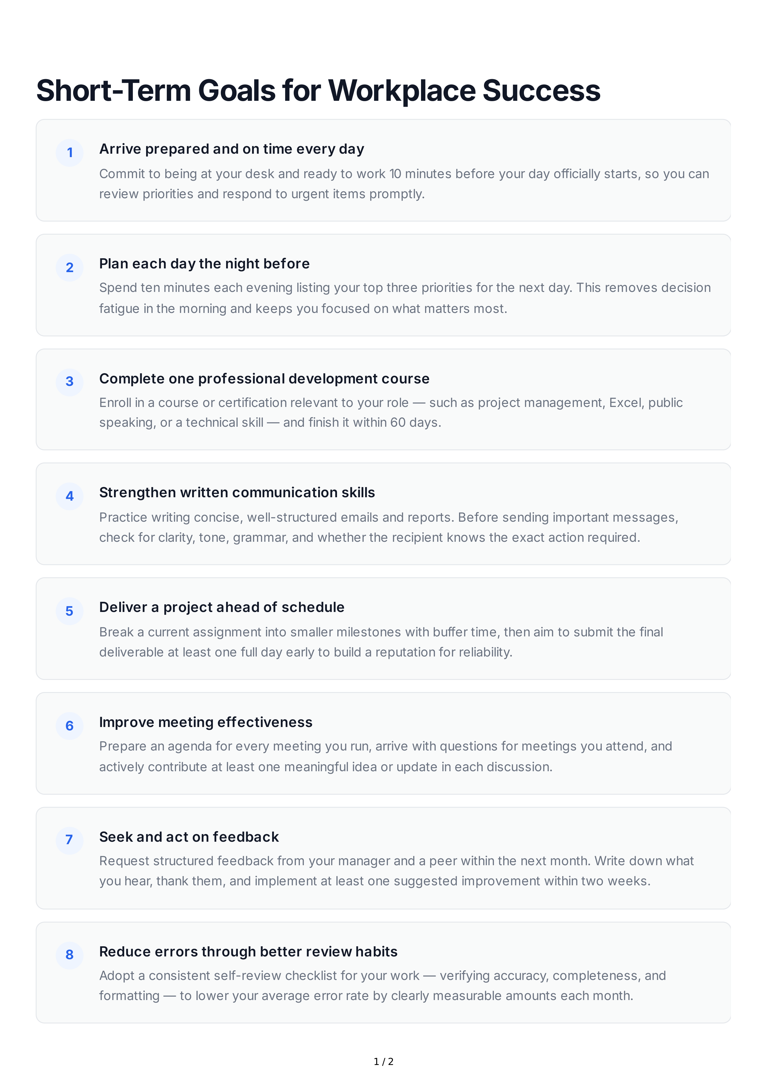 Short-Term Goals for Workplace Success — page 1