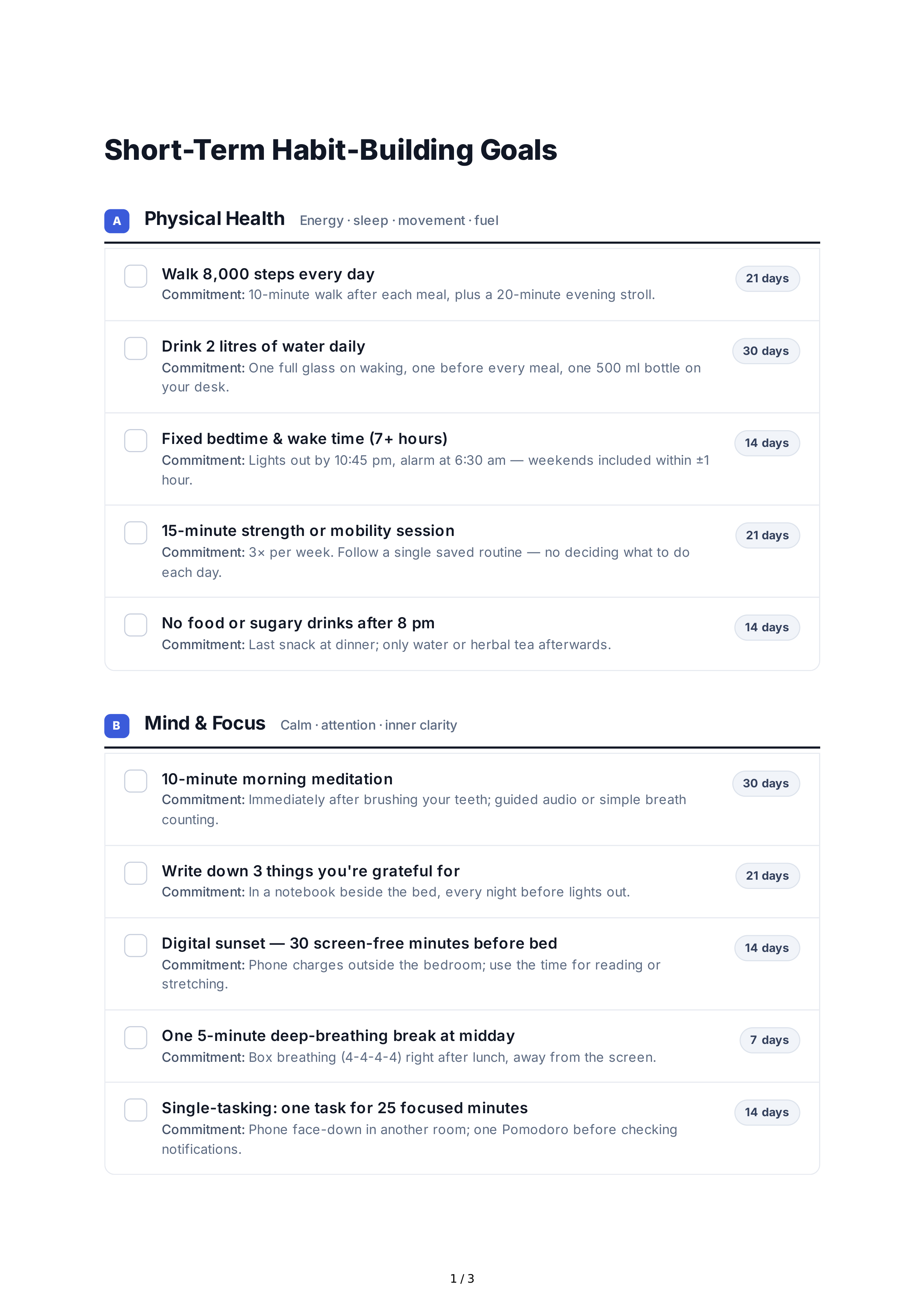 Short-Term Habit-Building Goals — page 1
