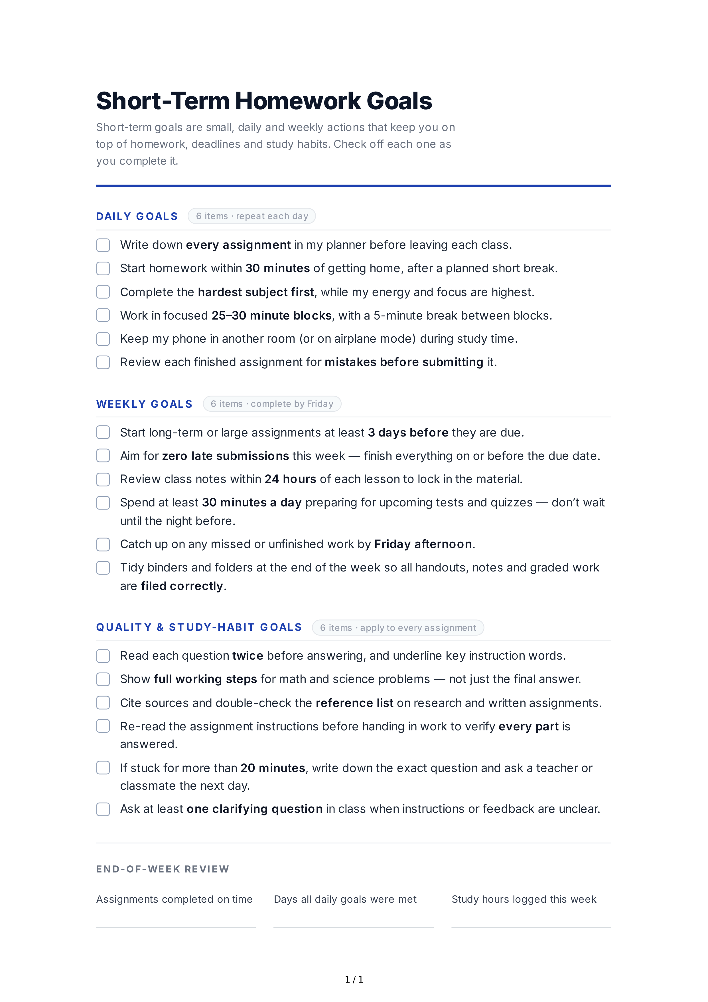 Short-Term Homework Goals — page 1