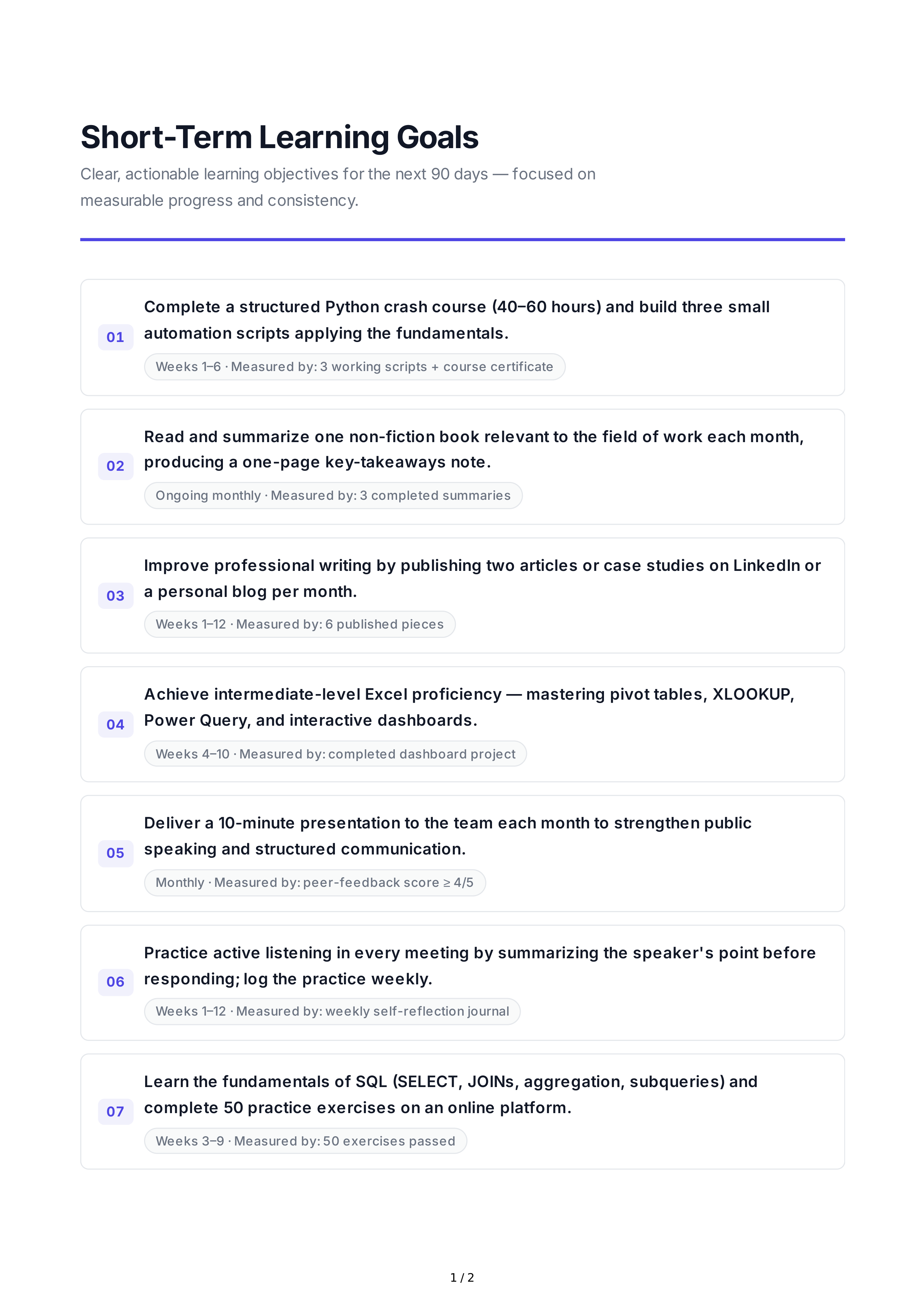 Short-Term Learning Goals — page 1