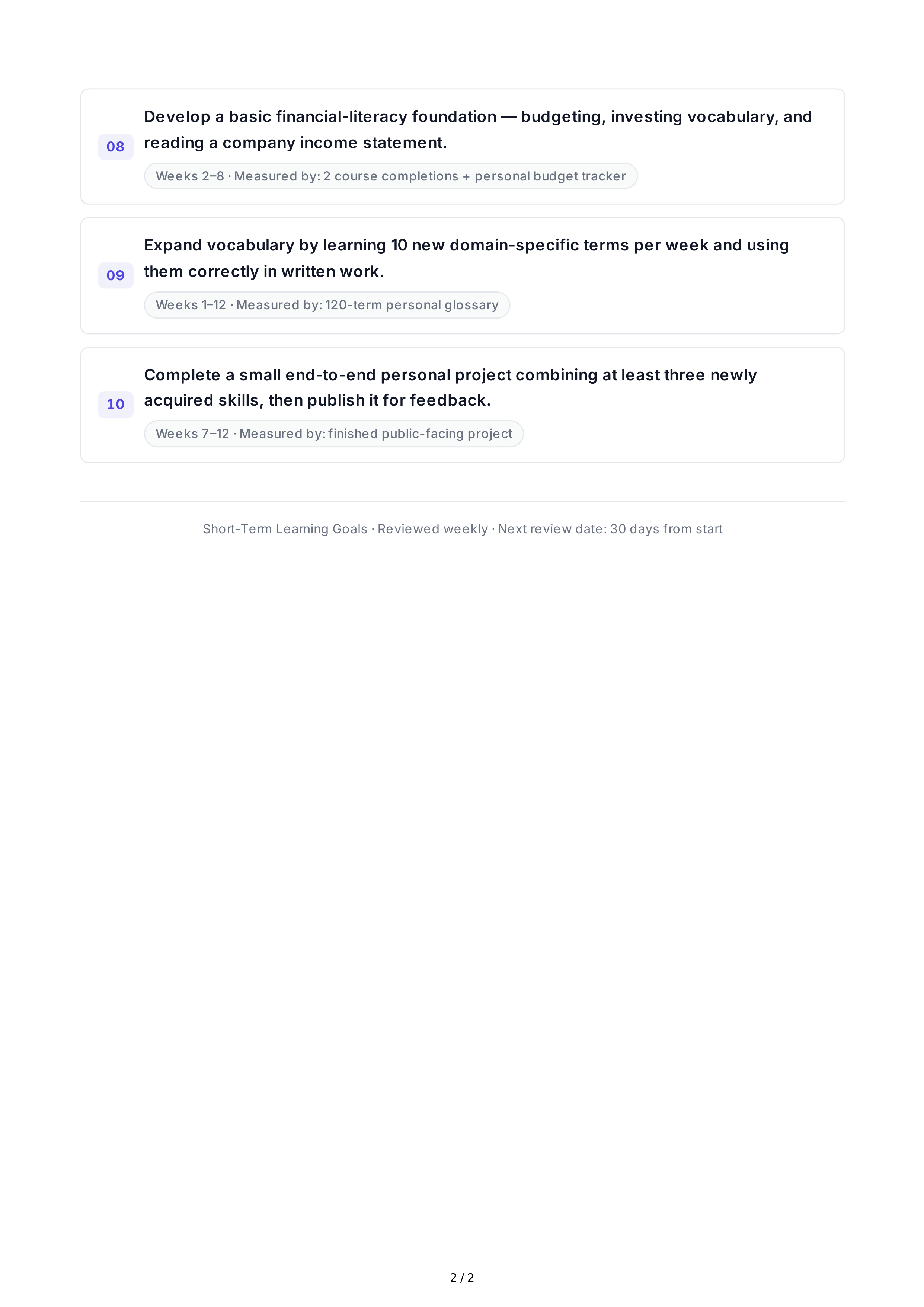 Short-Term Learning Goals — page 2