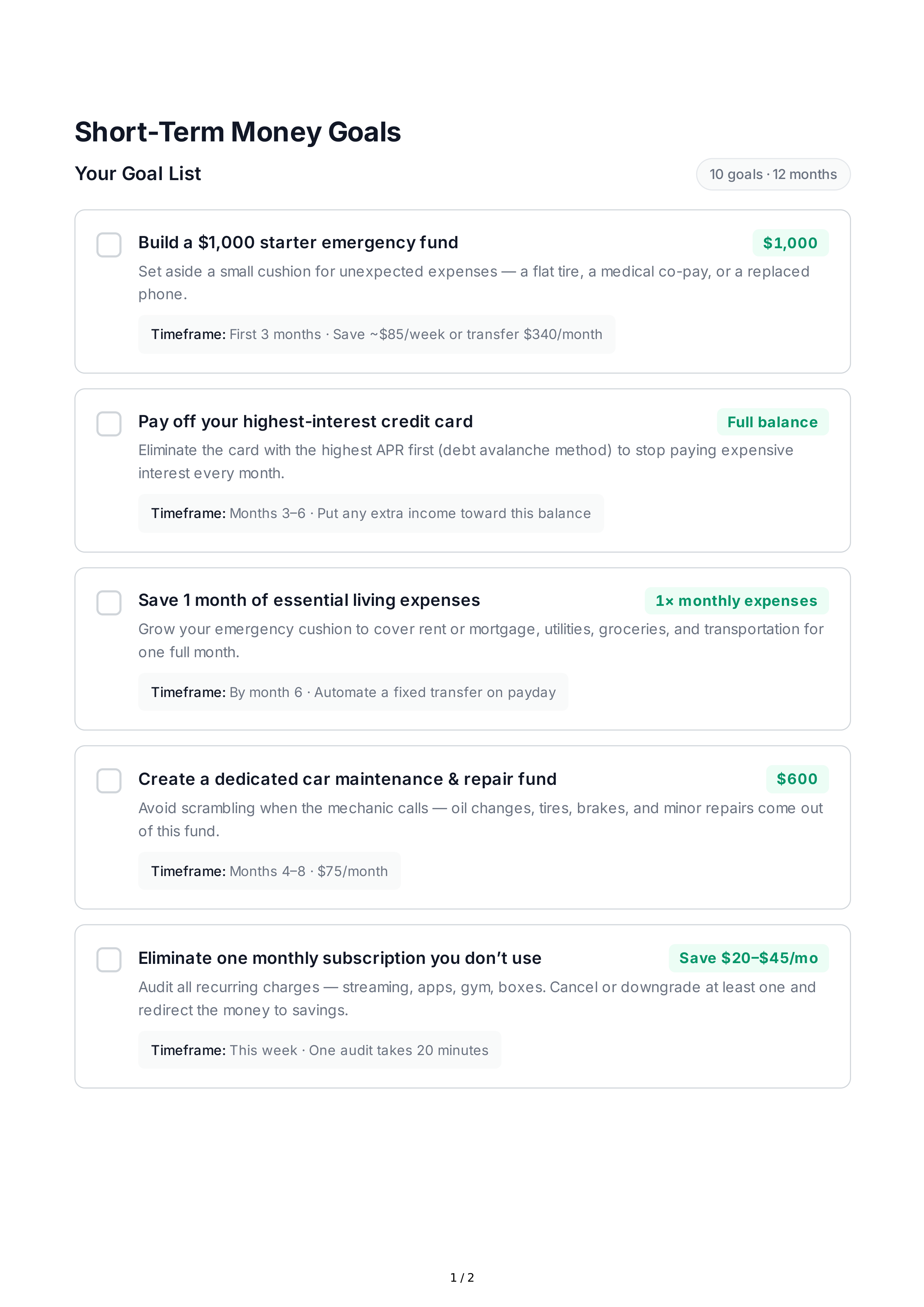 Short-Term Money Goals — page 1