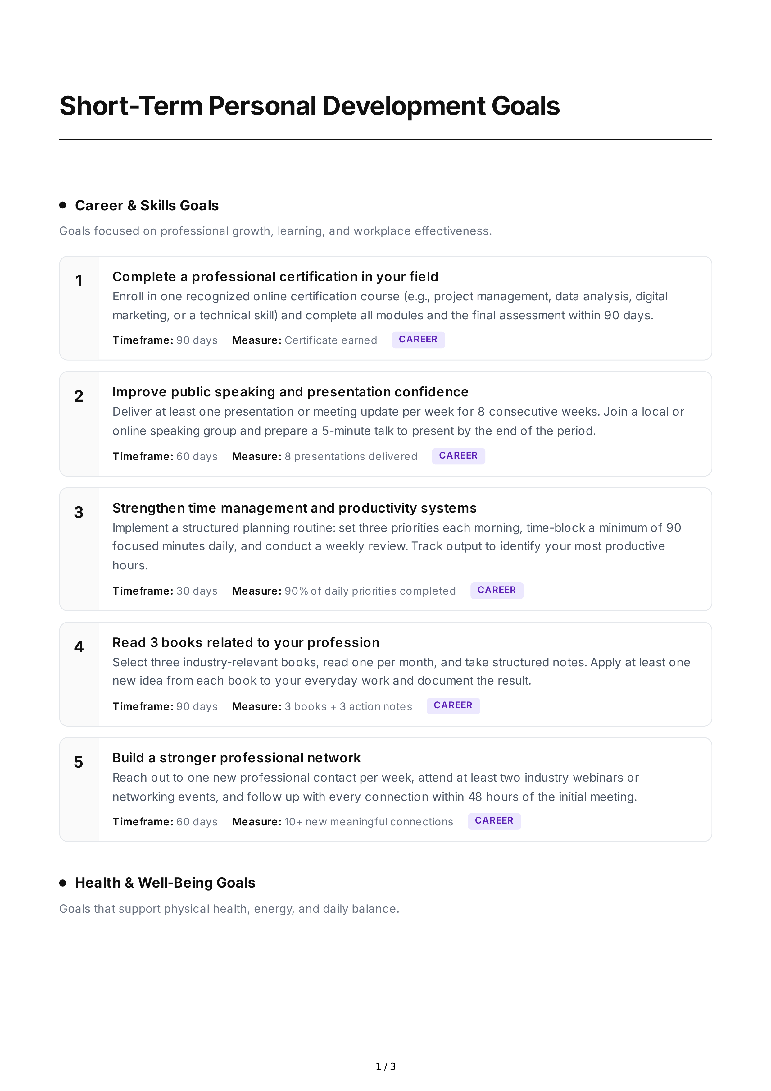 Short-Term Personal Development Goals — page 1