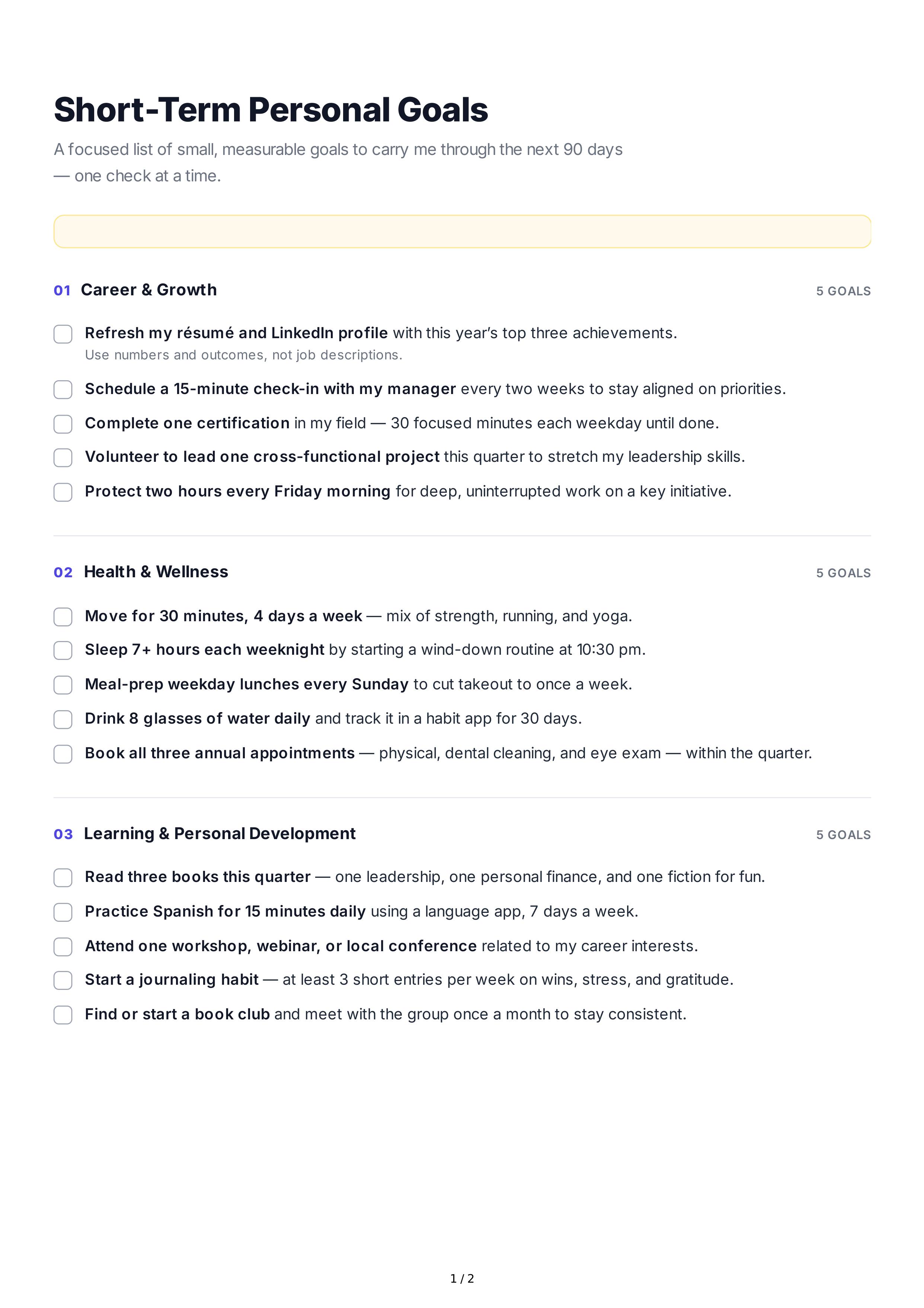 Short-Term Personal Goals — page 1