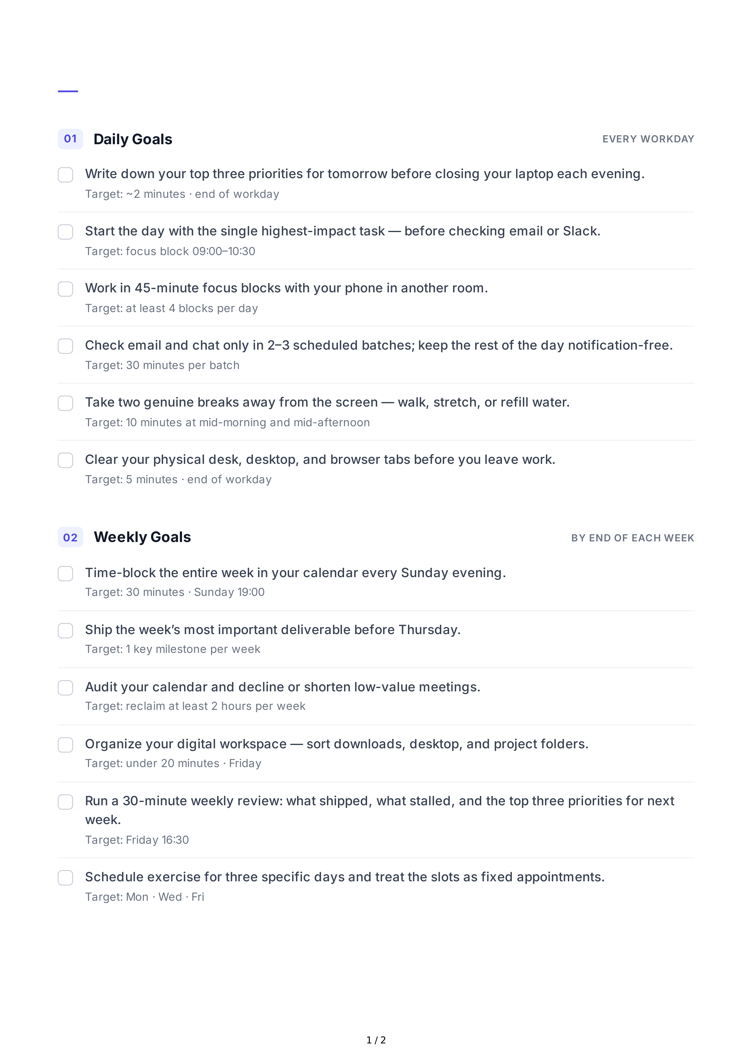 Short-Term Productivity Goals — page 1