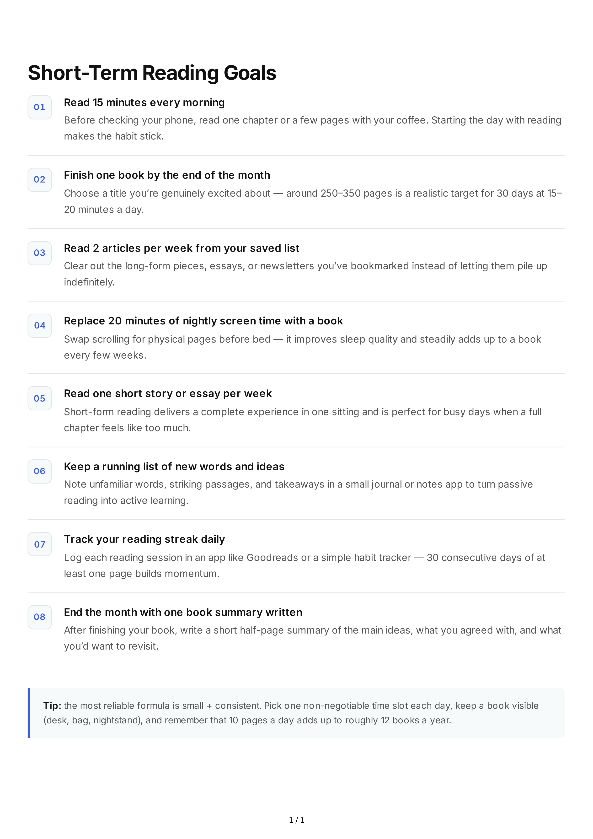 Short-Term Reading Goals — page 1