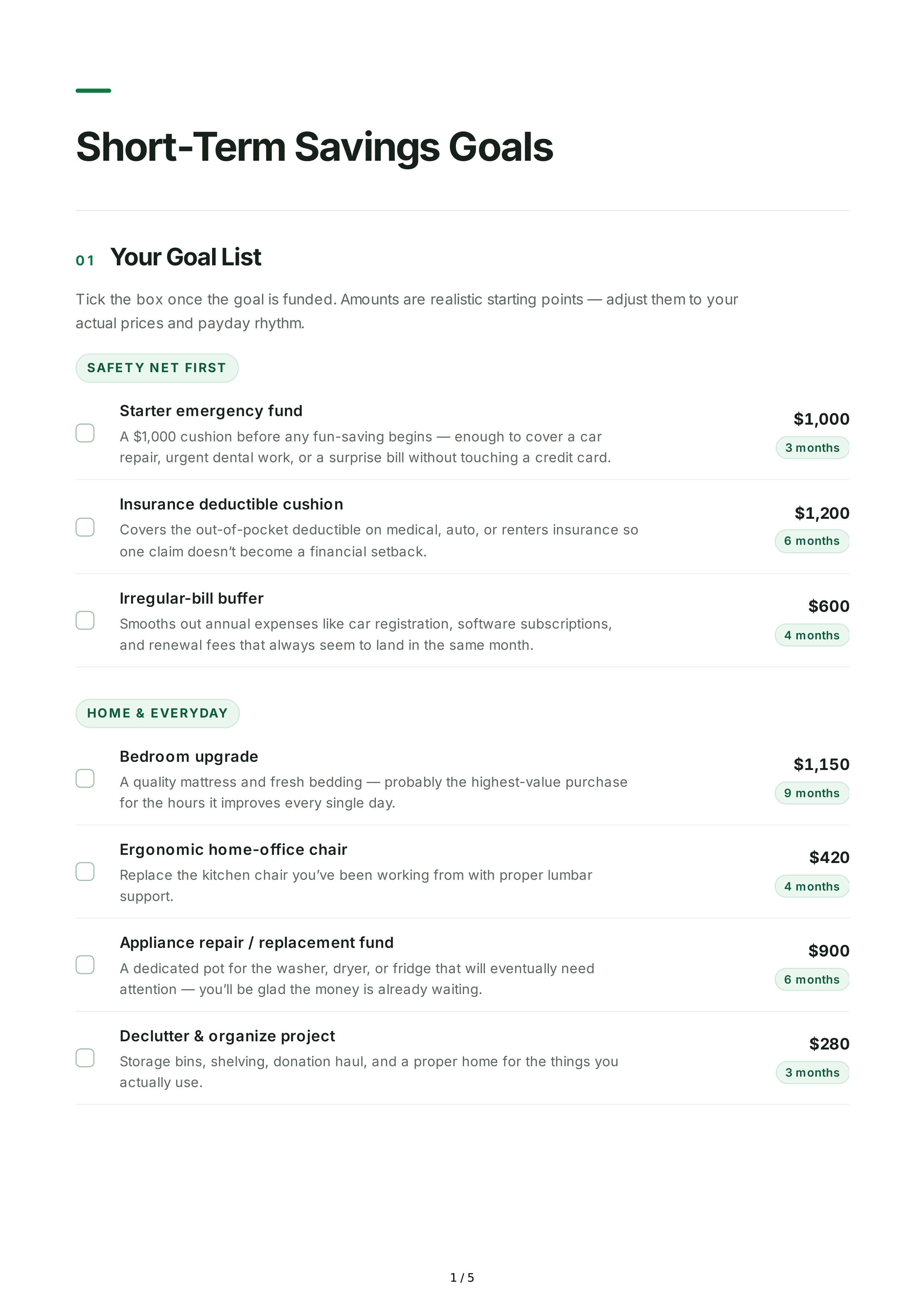 Short-Term Savings Goals — page 1
