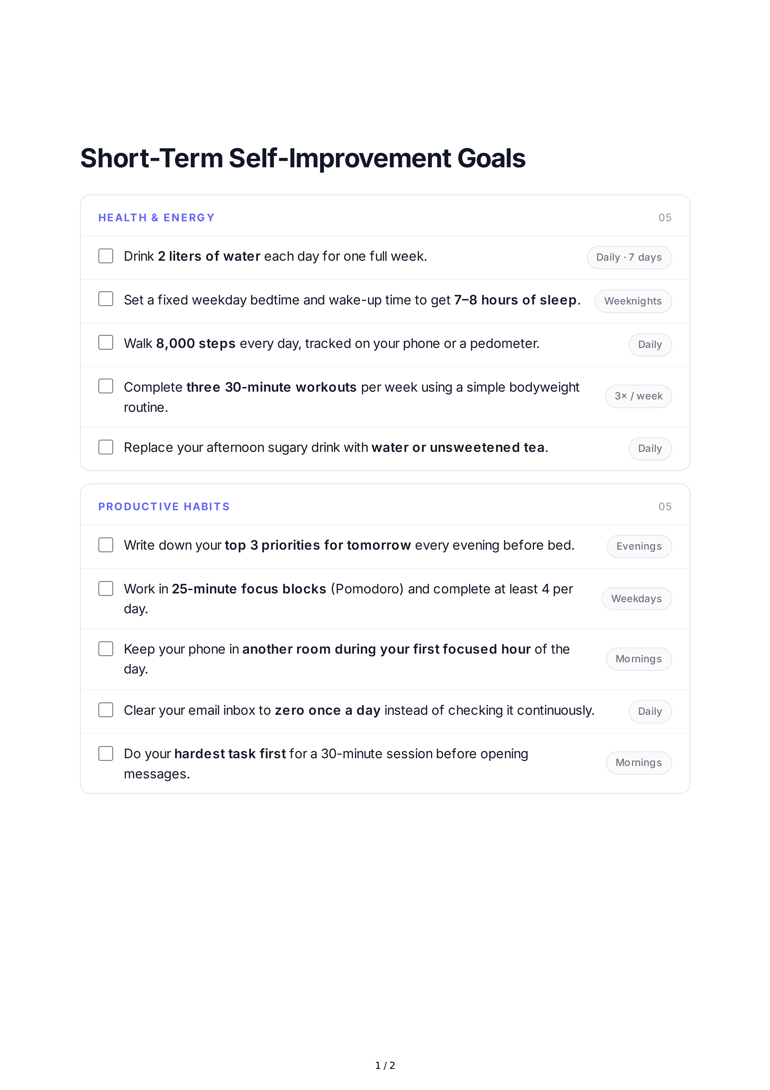 Short-Term Self-Improvement Goals — page 1