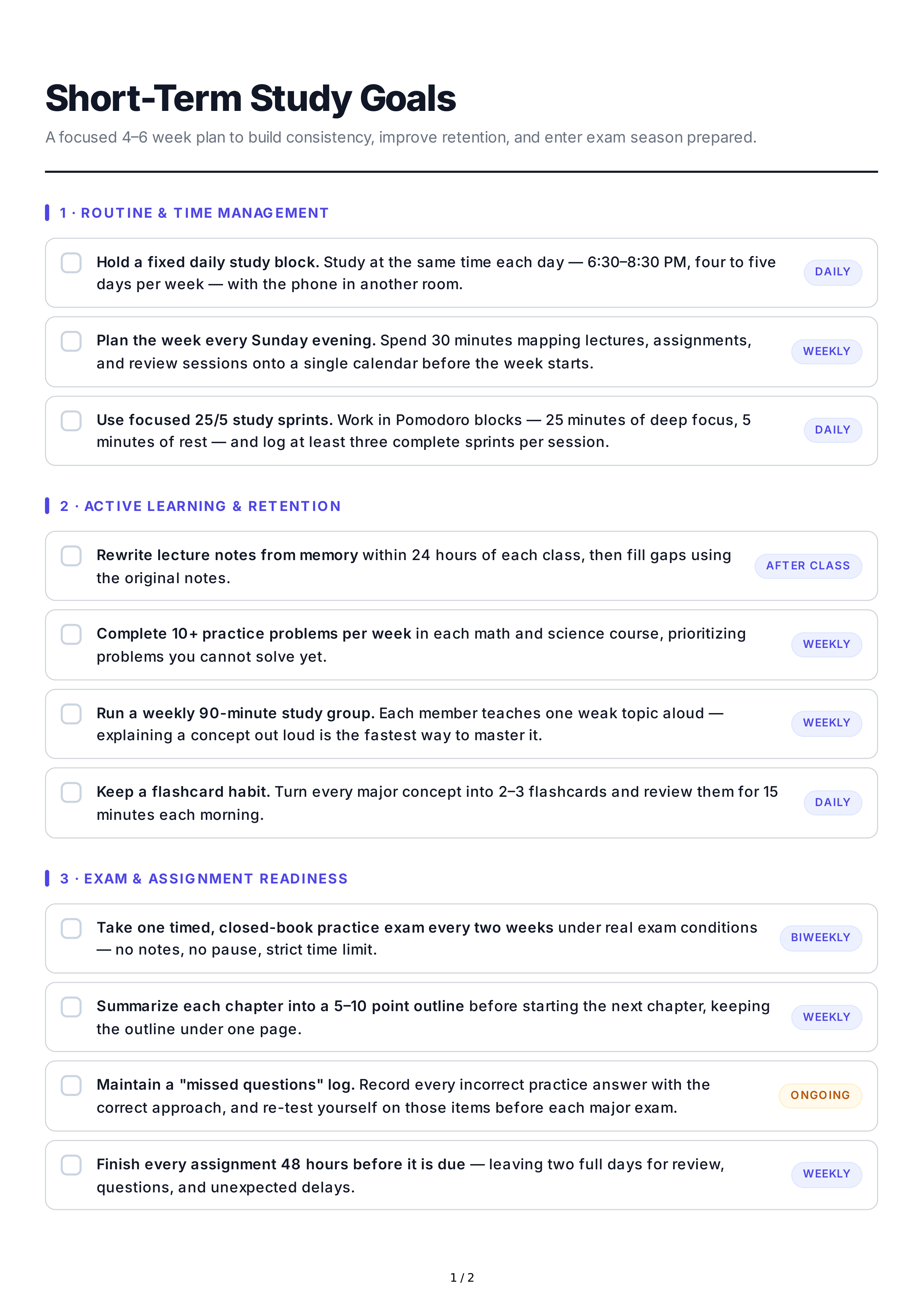 Short-Term Study Goals — page 1