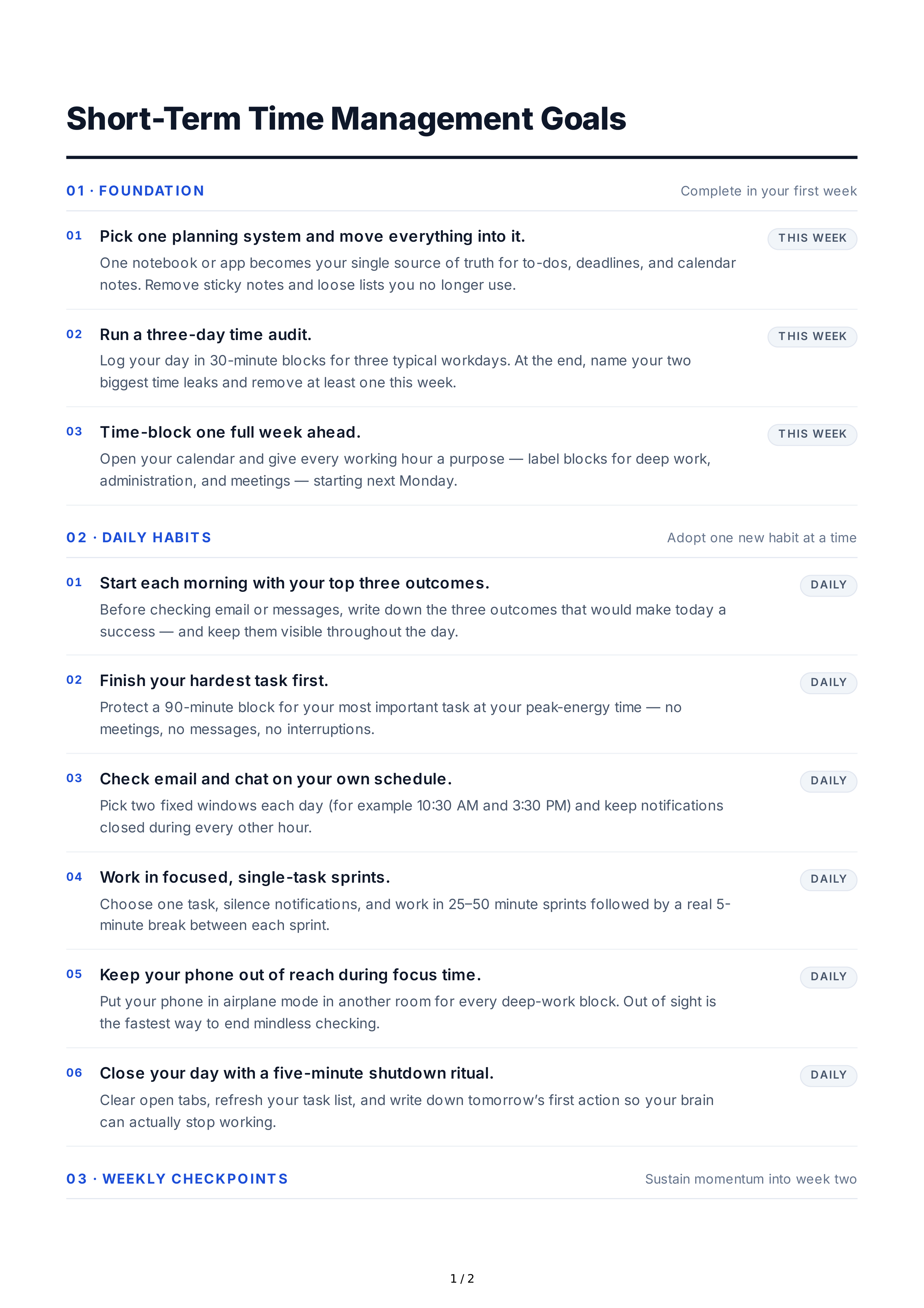 Short-Term Time Management Goals — page 1