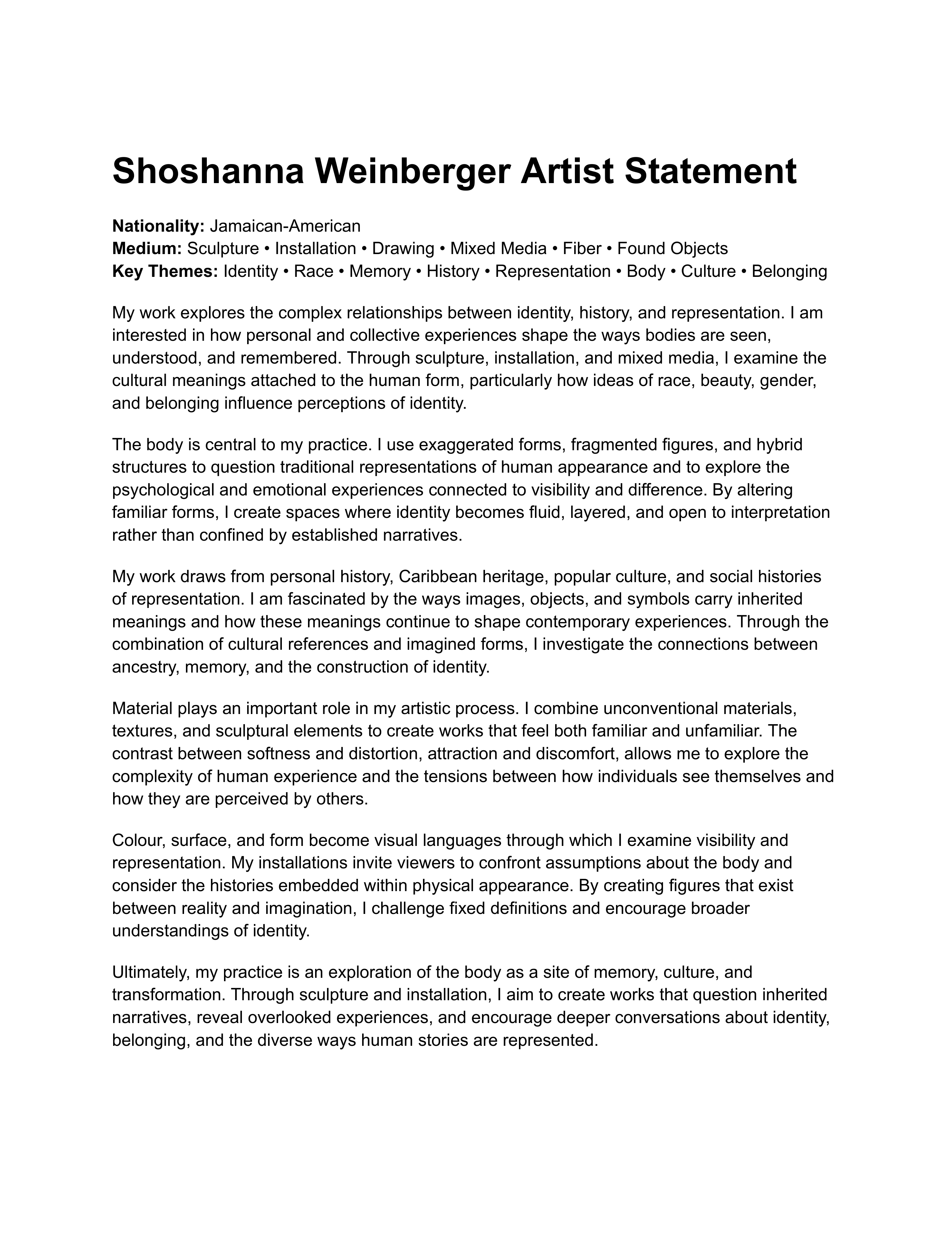 Shoshanna Weinberger Artist Statement — page 1