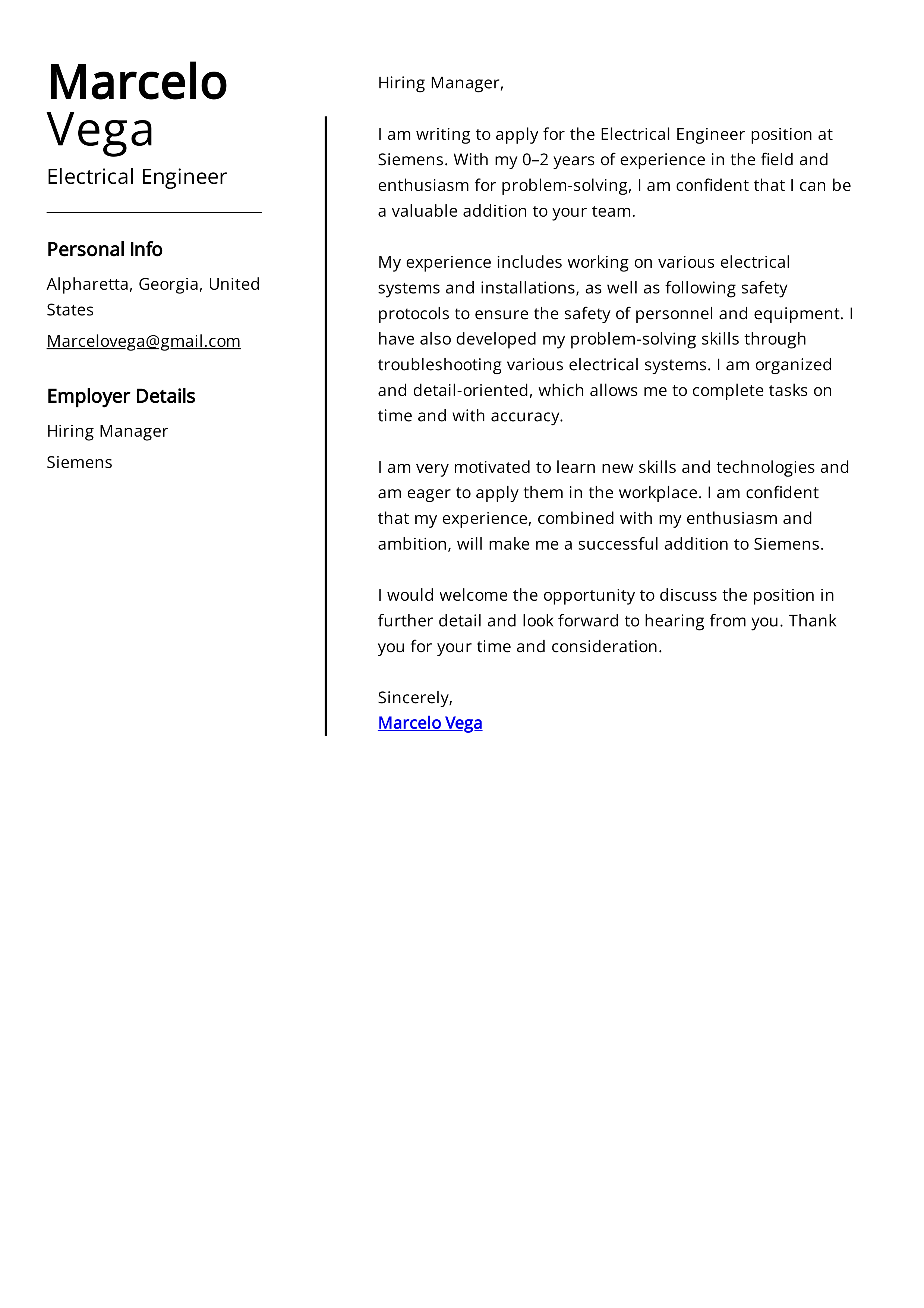 Siemens Electrical Engineer Cover Letter — page 1