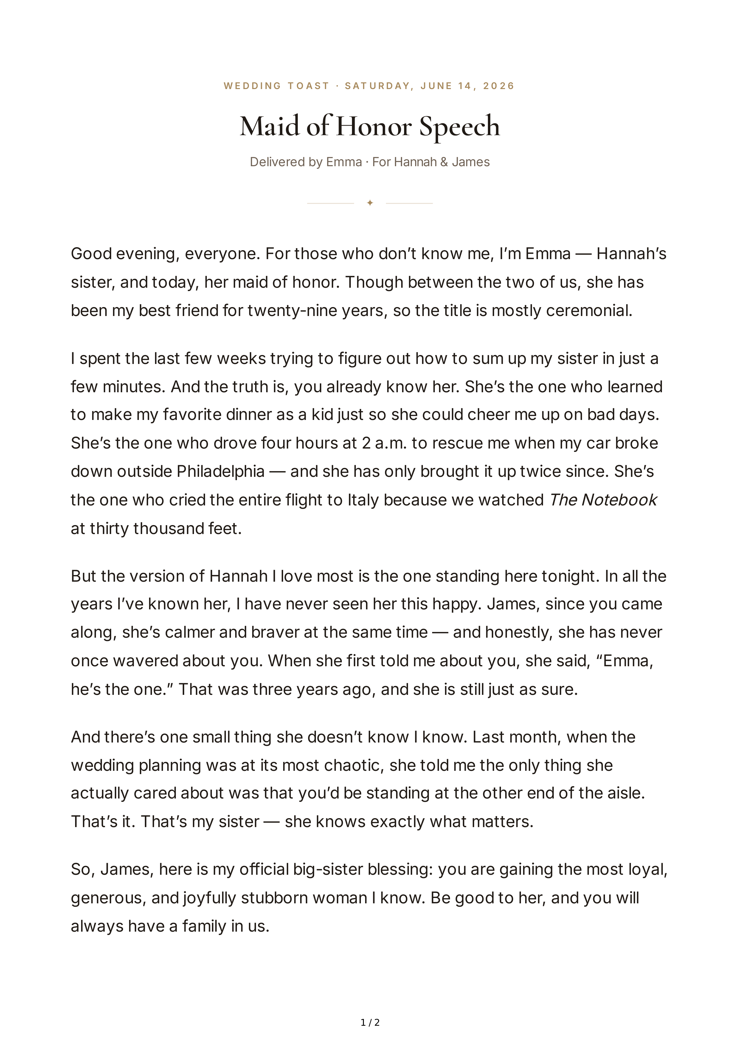 Sister Maid of Honor Speech — page 1