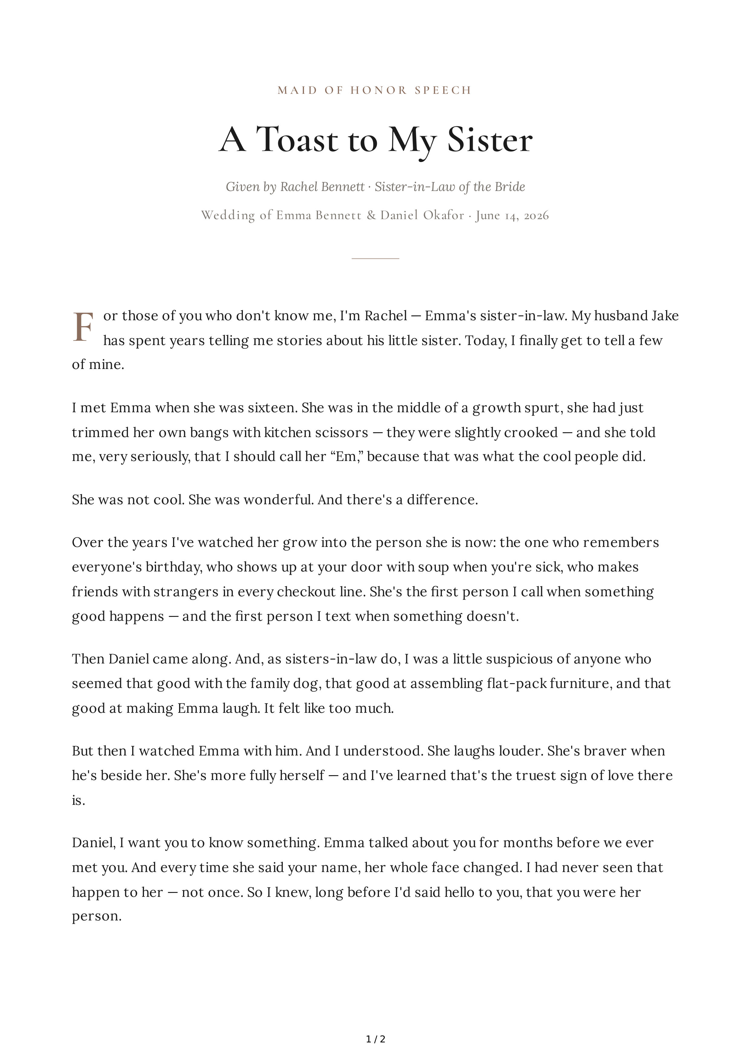 Sister-in-Law Maid of Honor Speech — page 1