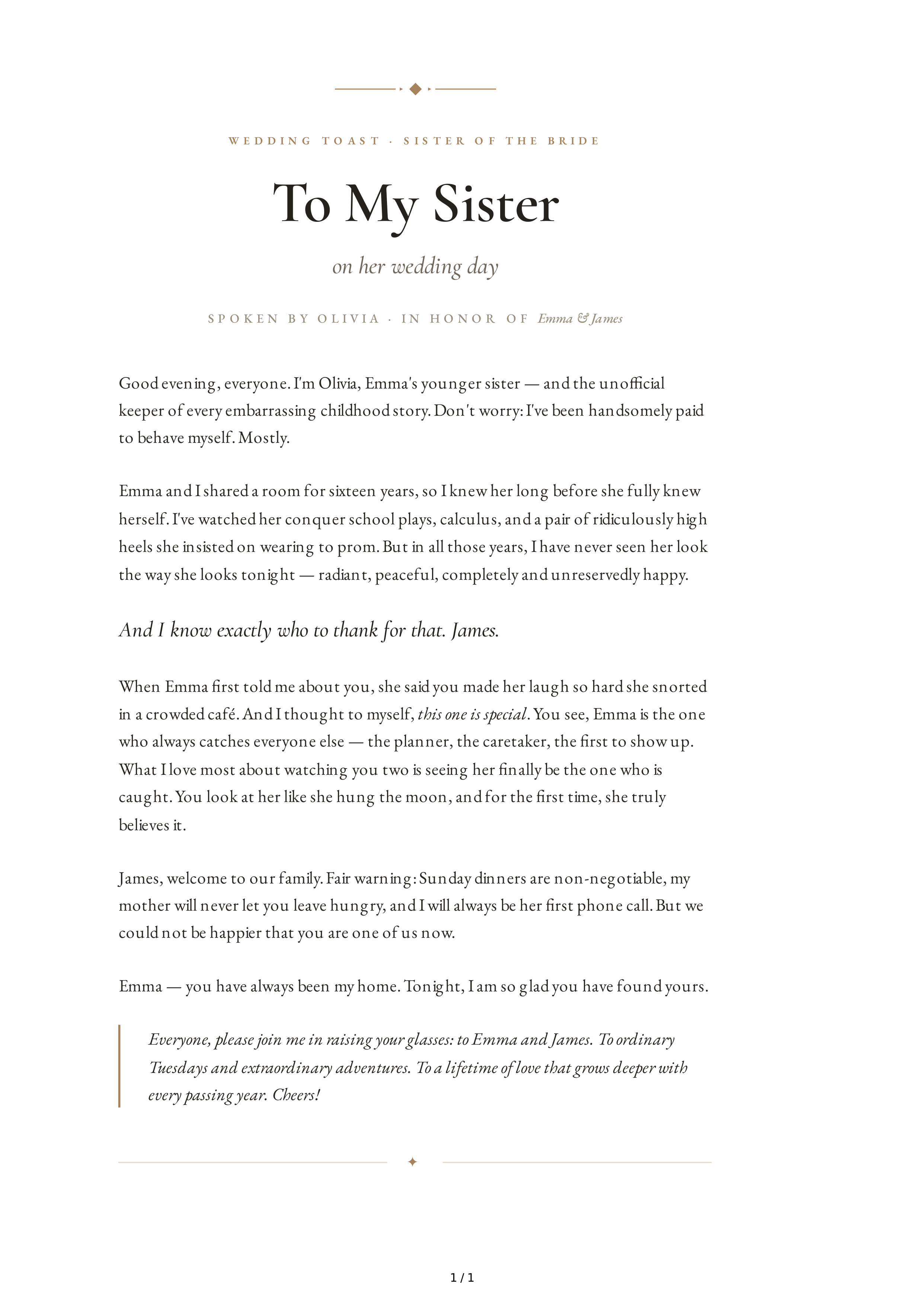 Sister of the Bride Wedding Toast — page 1