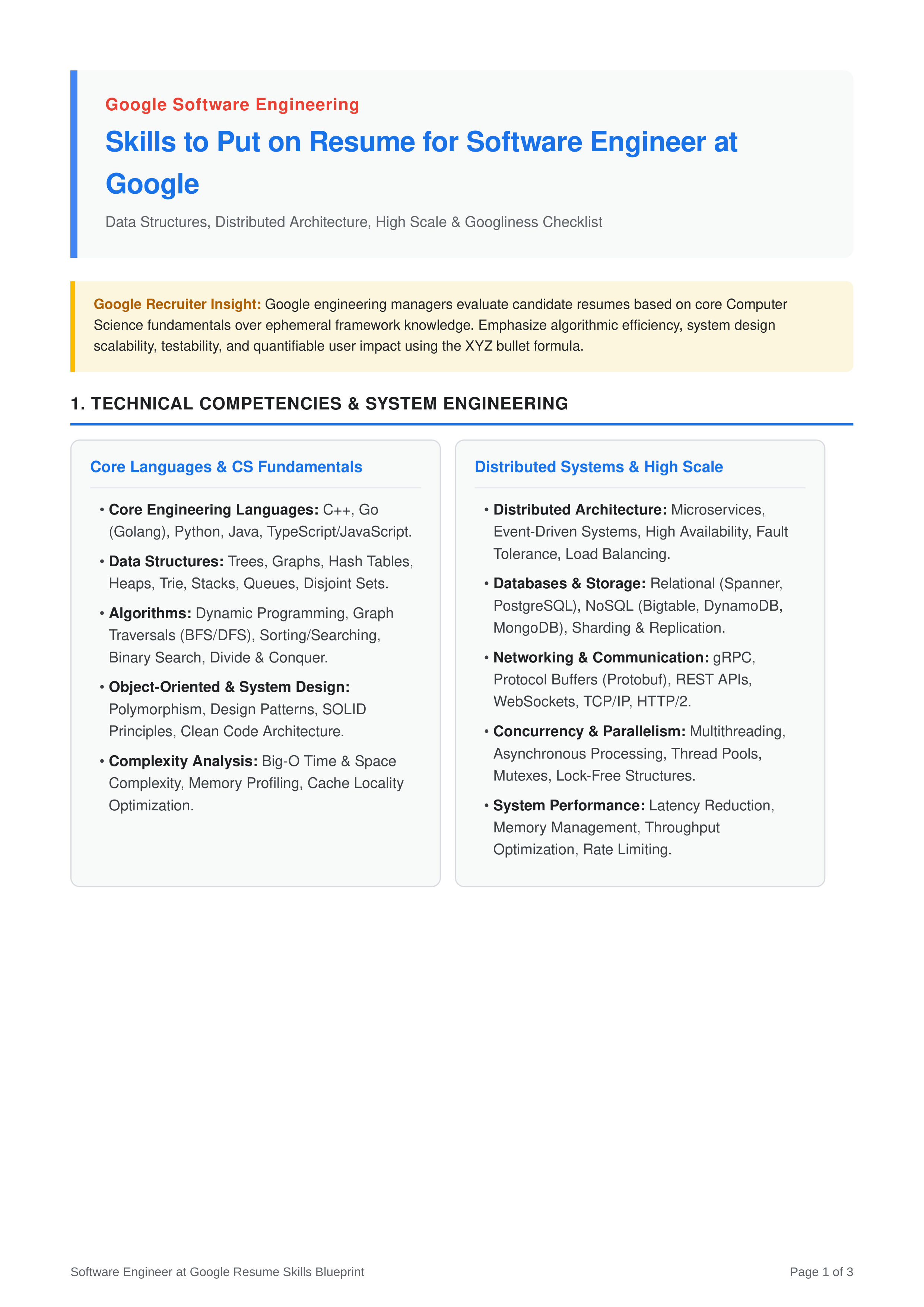 Skills to Put on Resume for Software Engineer at Google — page 1