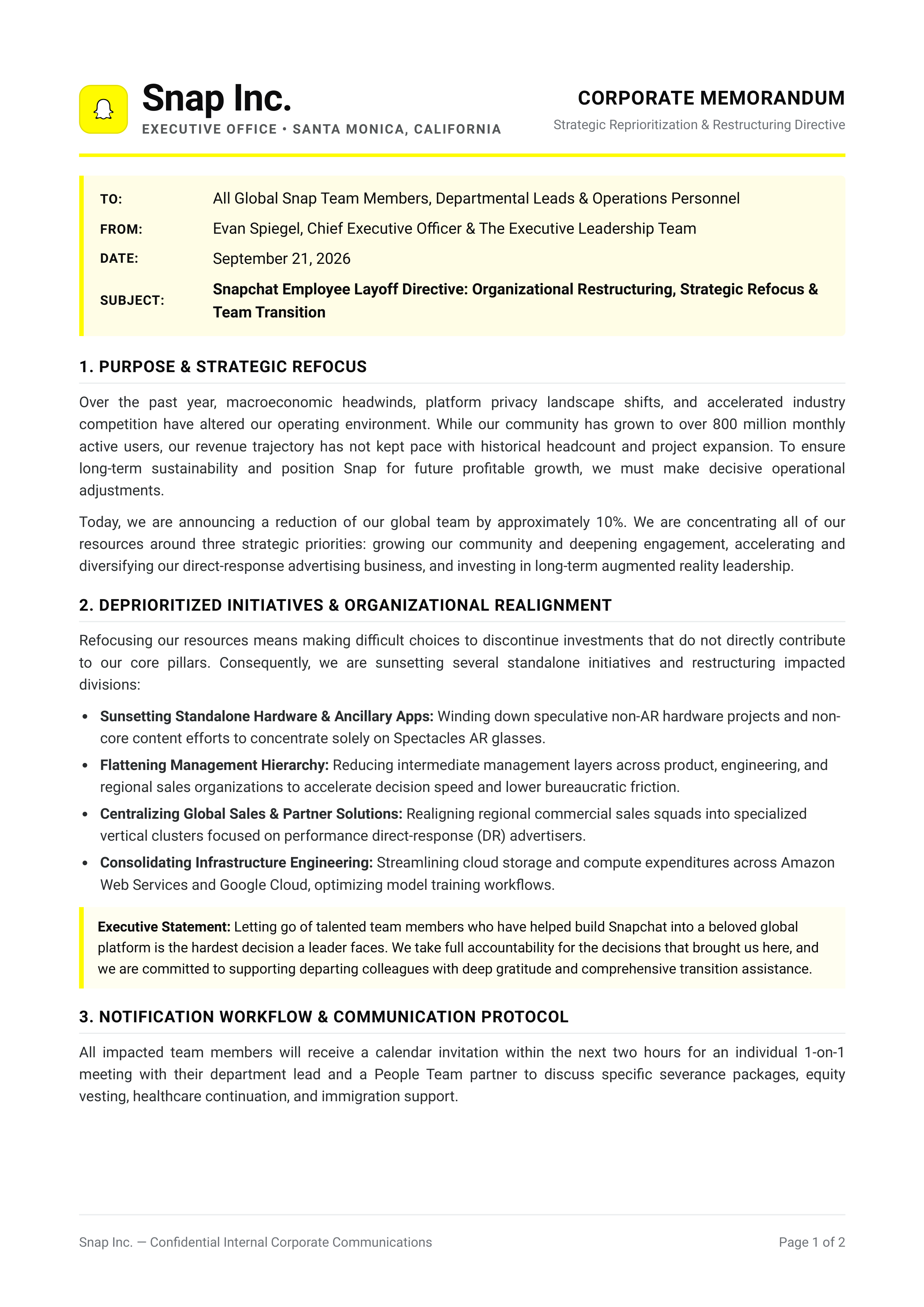 Snapchat Employee Layoff Memo — page 1
