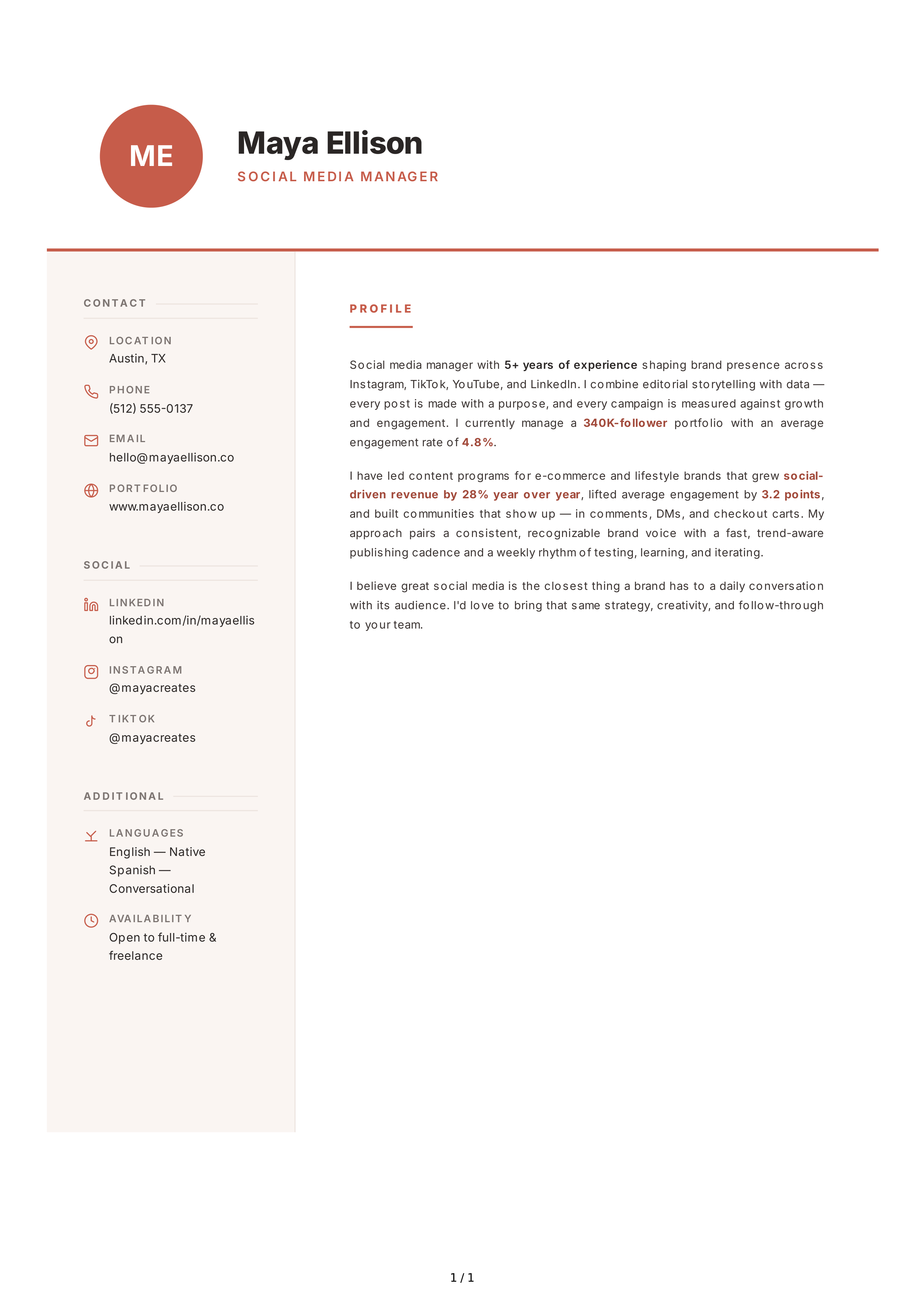 Social Media Manager Resume Profile — page 1