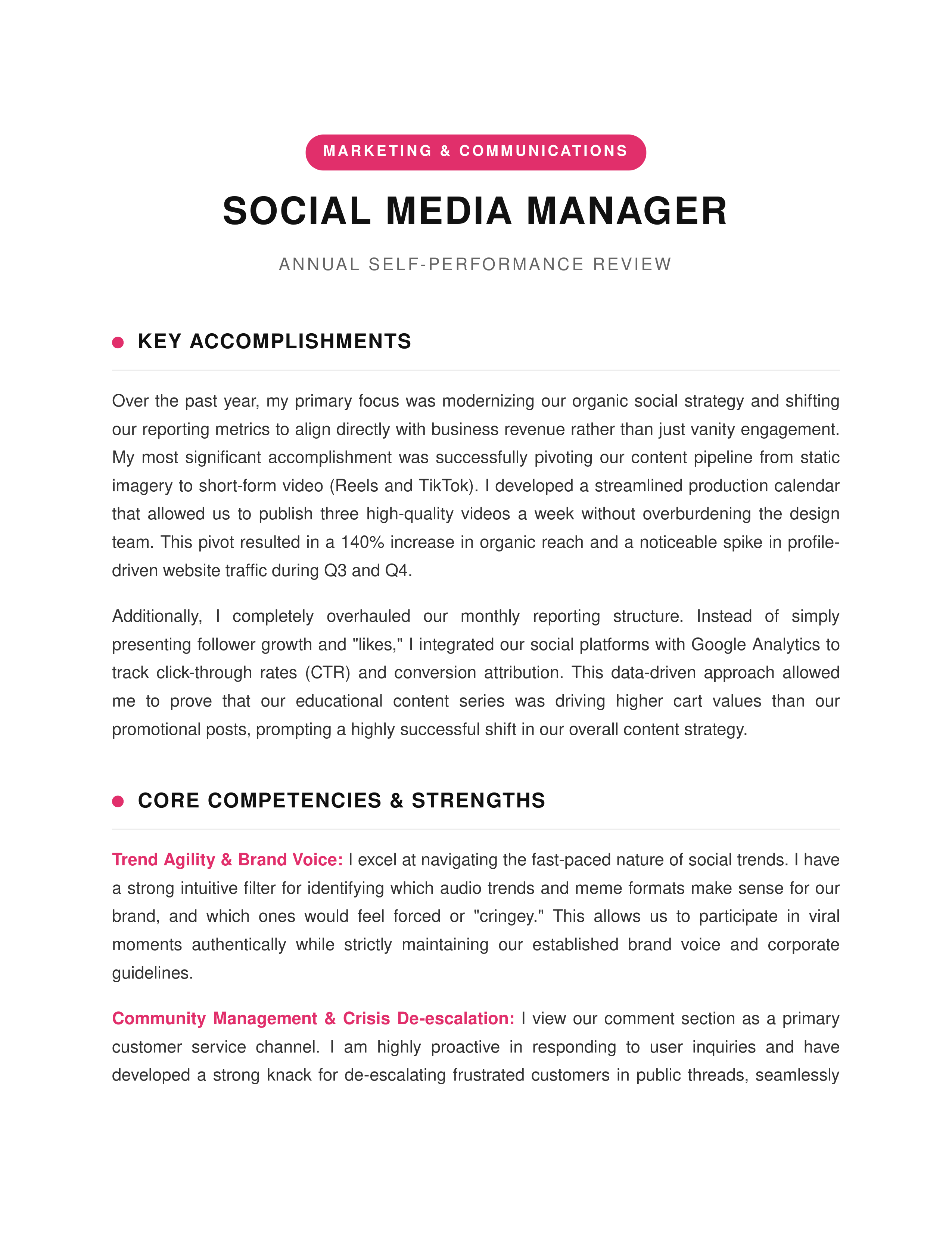 Social Media Manager Self Performance Review — page 1
