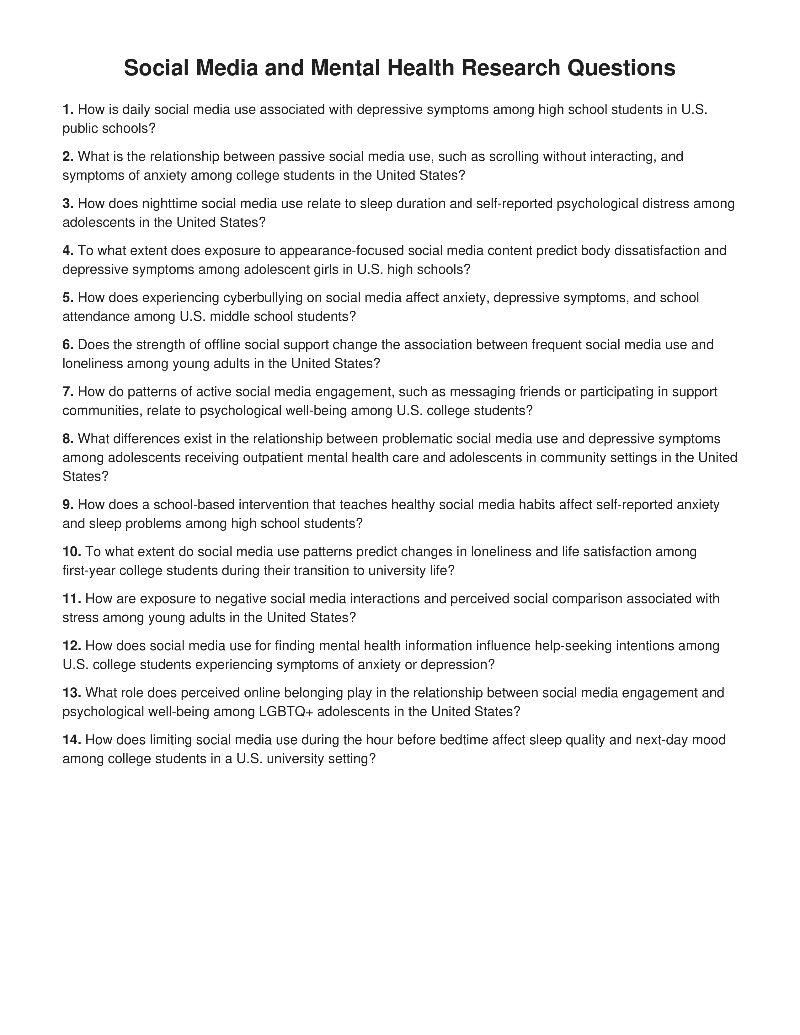 Social Media and Mental Health Research Questions — page 1