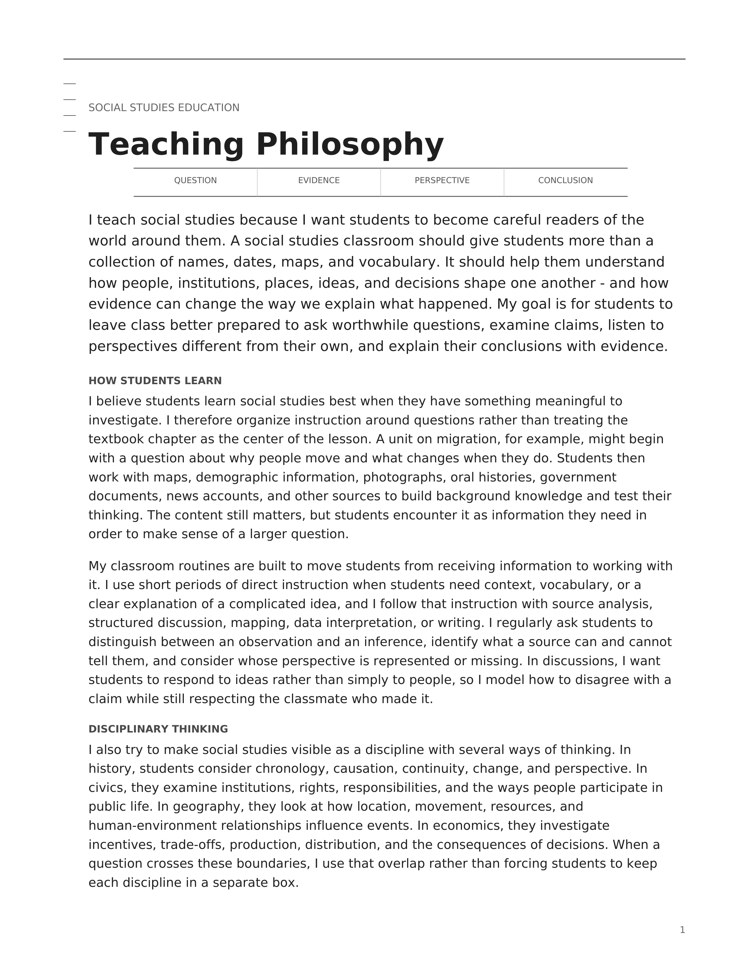 Social Studies Teacher Teaching Philosophy — page 1