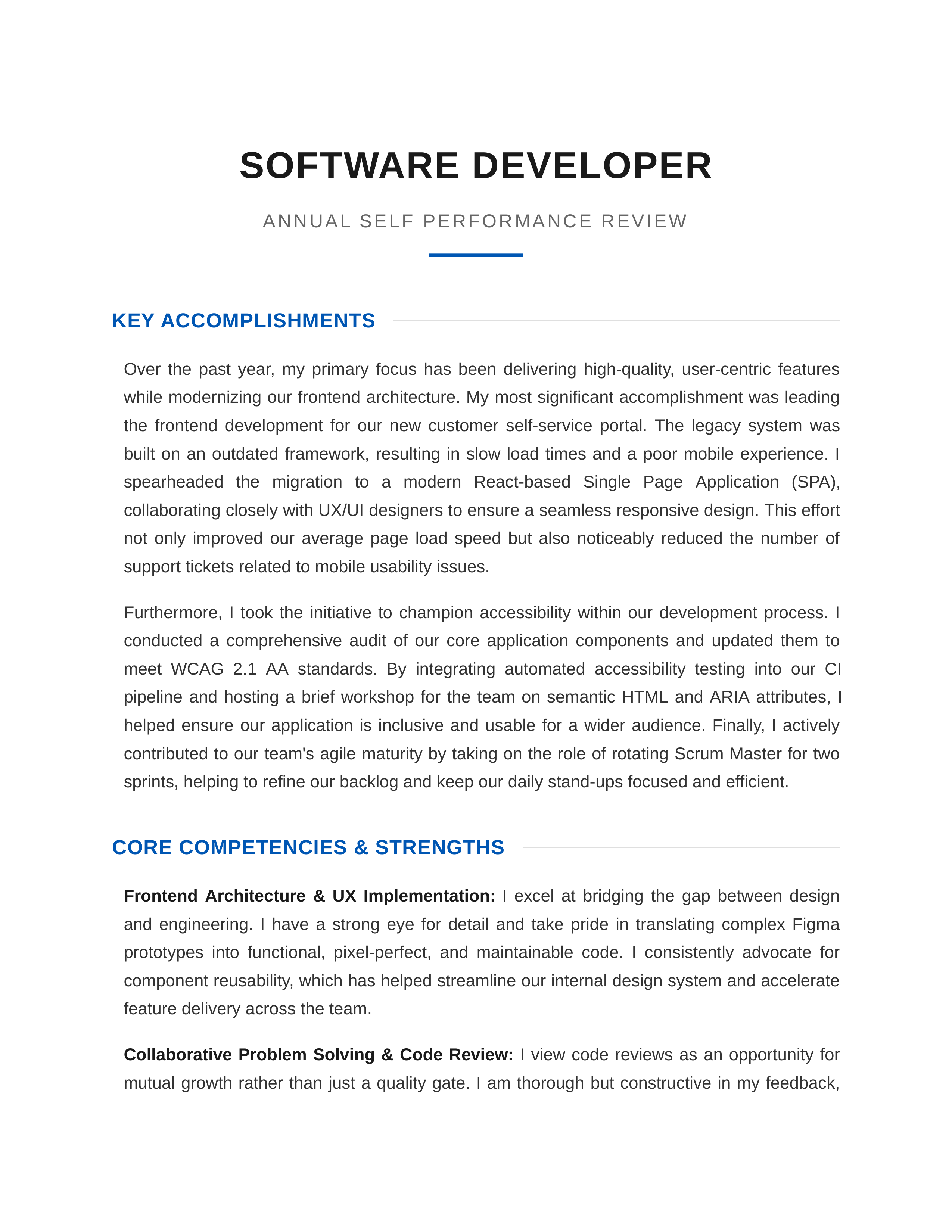 Software Developer Self Performance Review — page 1