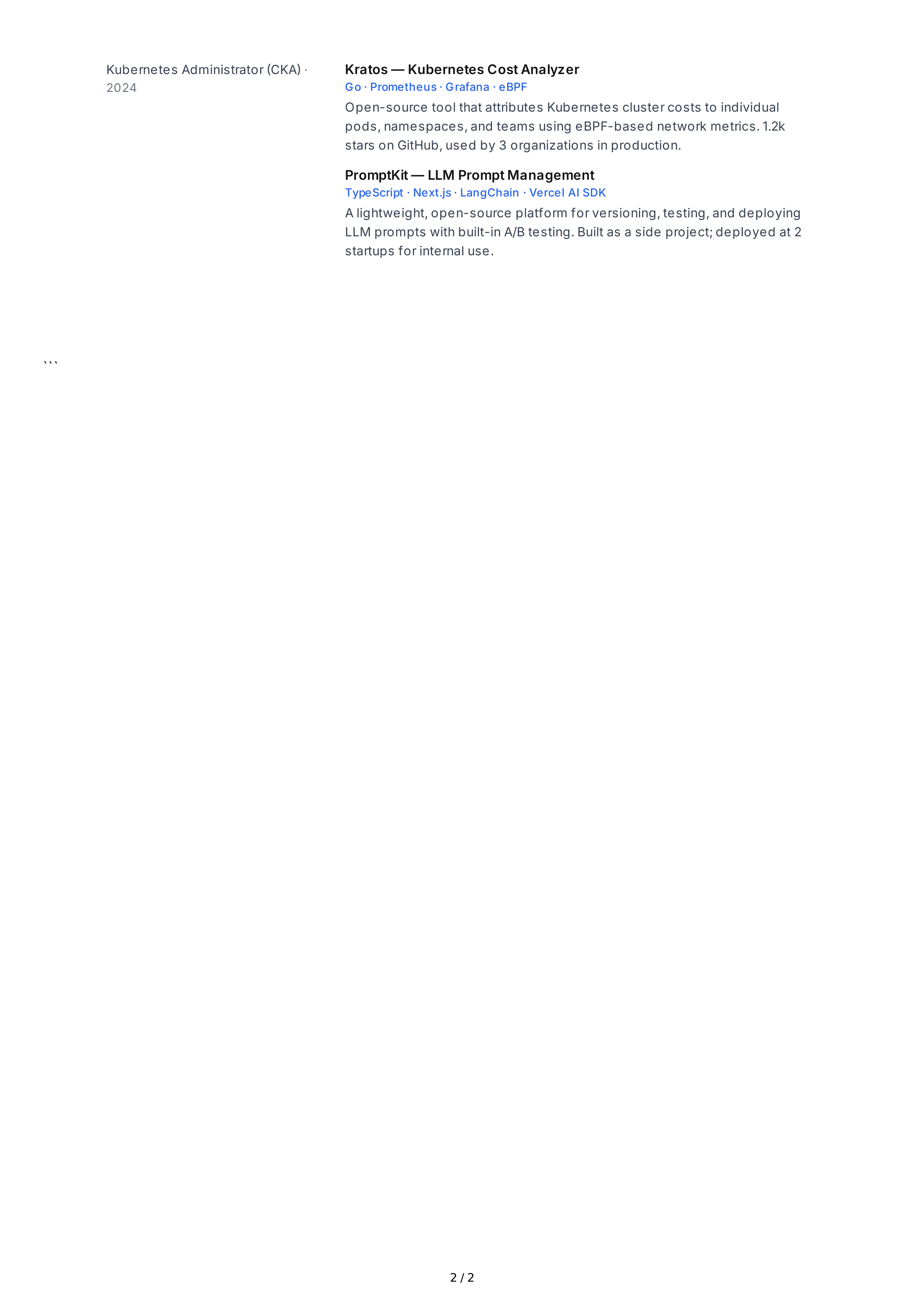 Software Engineer CV — page 2
