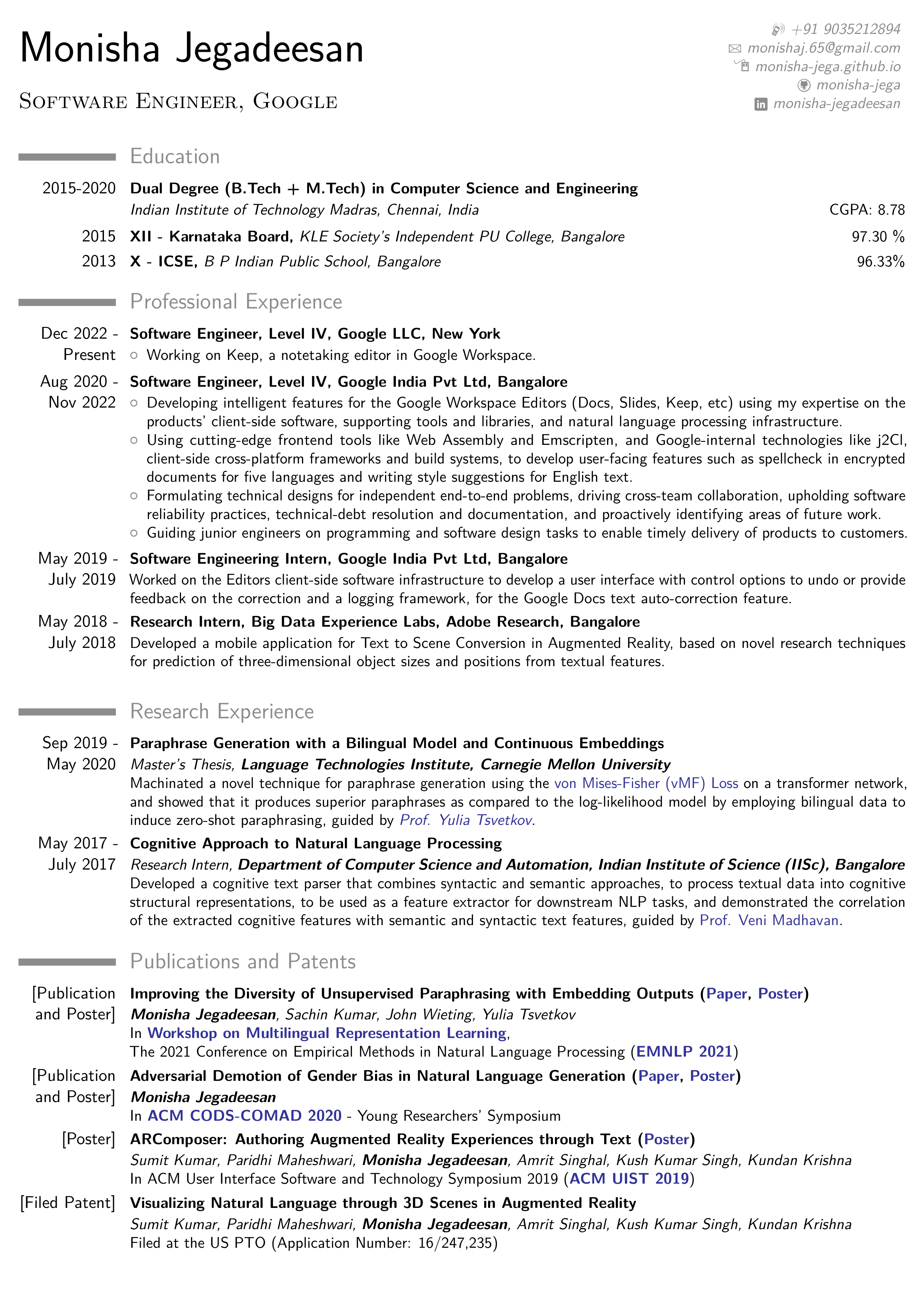 Google Software Engineer Resume — page 1