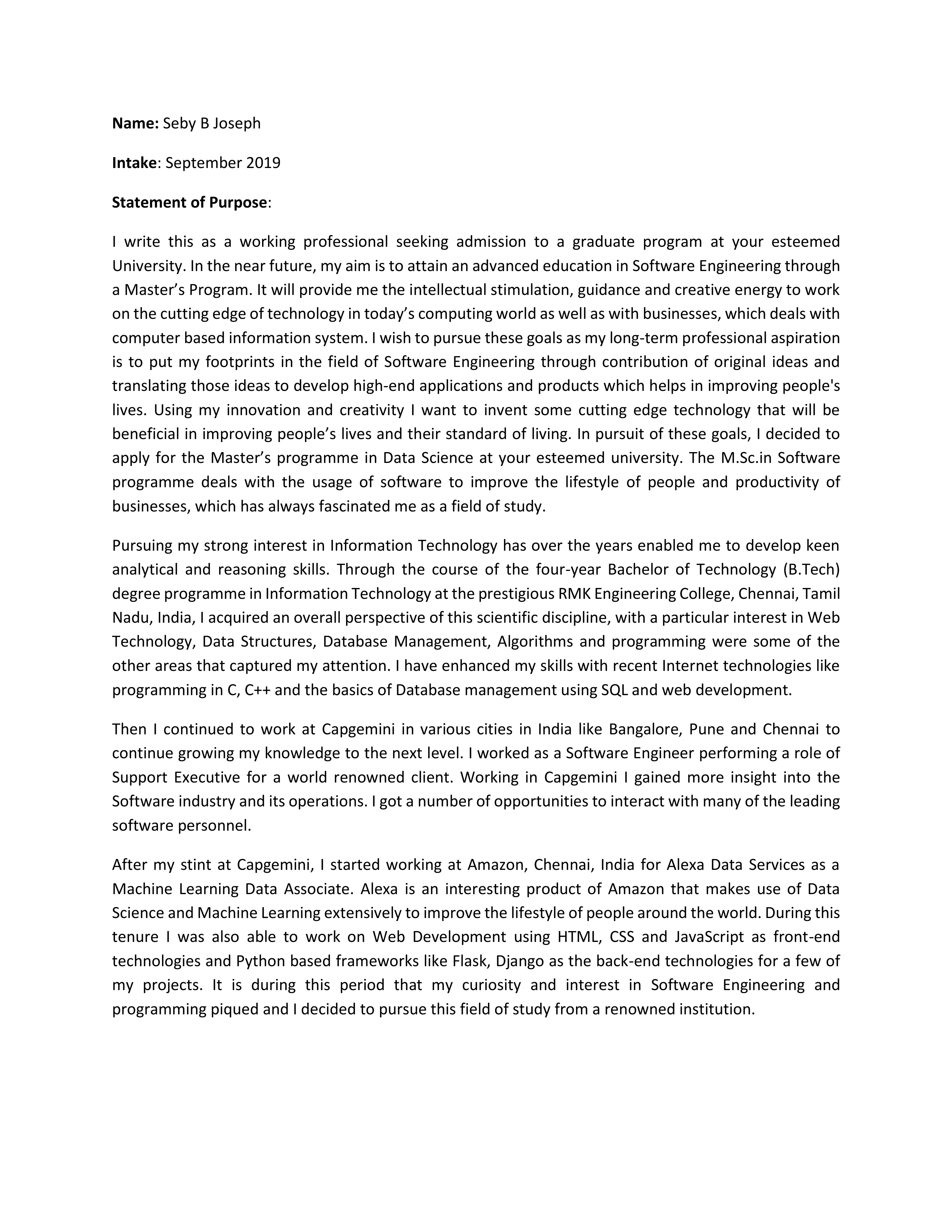 Software Engineer Statement of Purpose — page 1