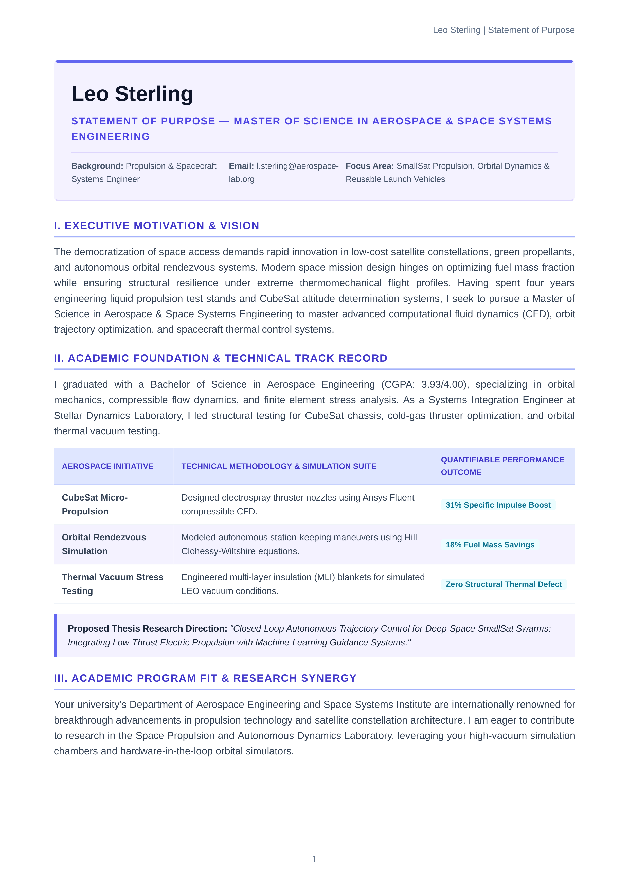 Space Systems Engineering Statement of Purpose — page 1